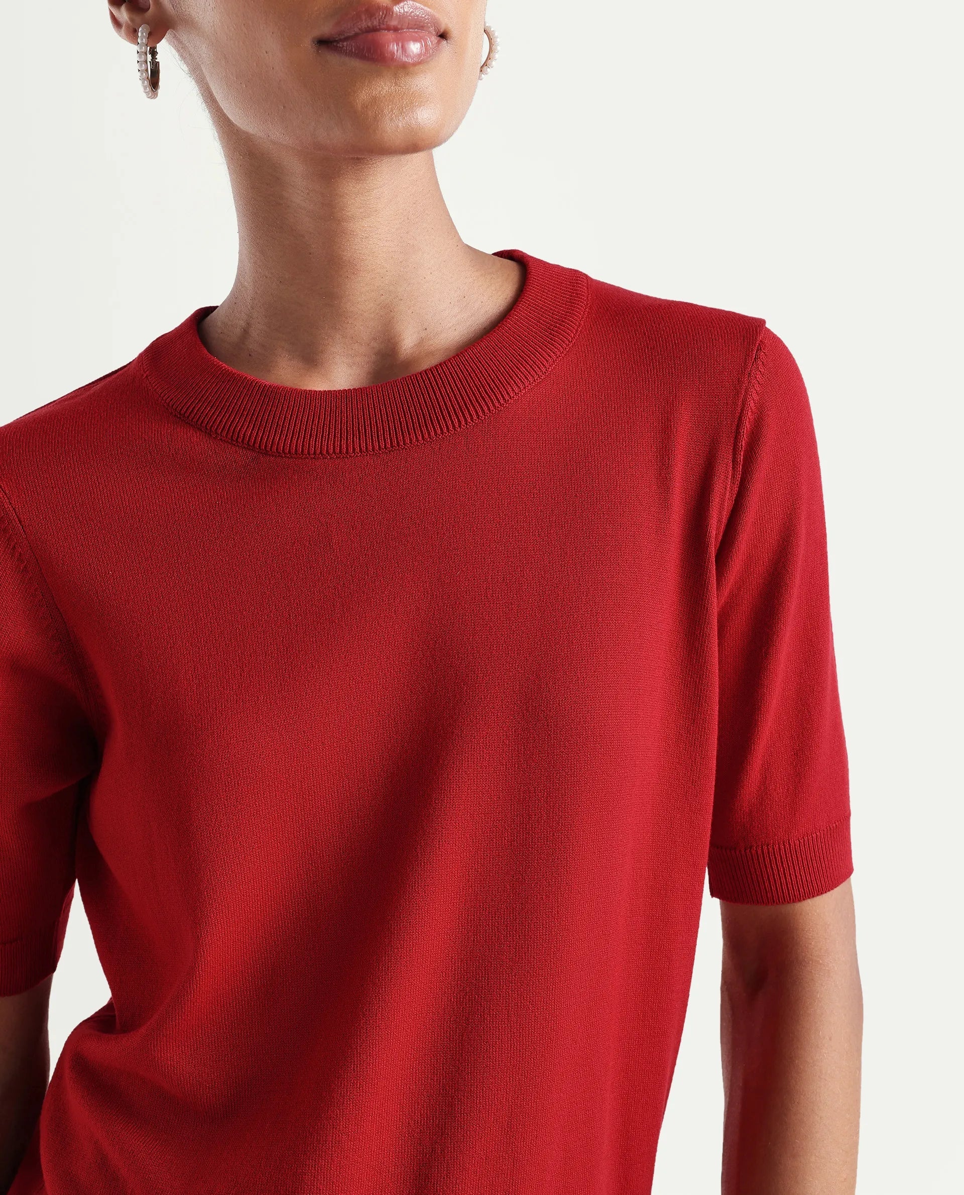 Rareism Women's Sohrdo Red Nylon Blend Half Sleeve Crew Neck Regular Fit Plain Top