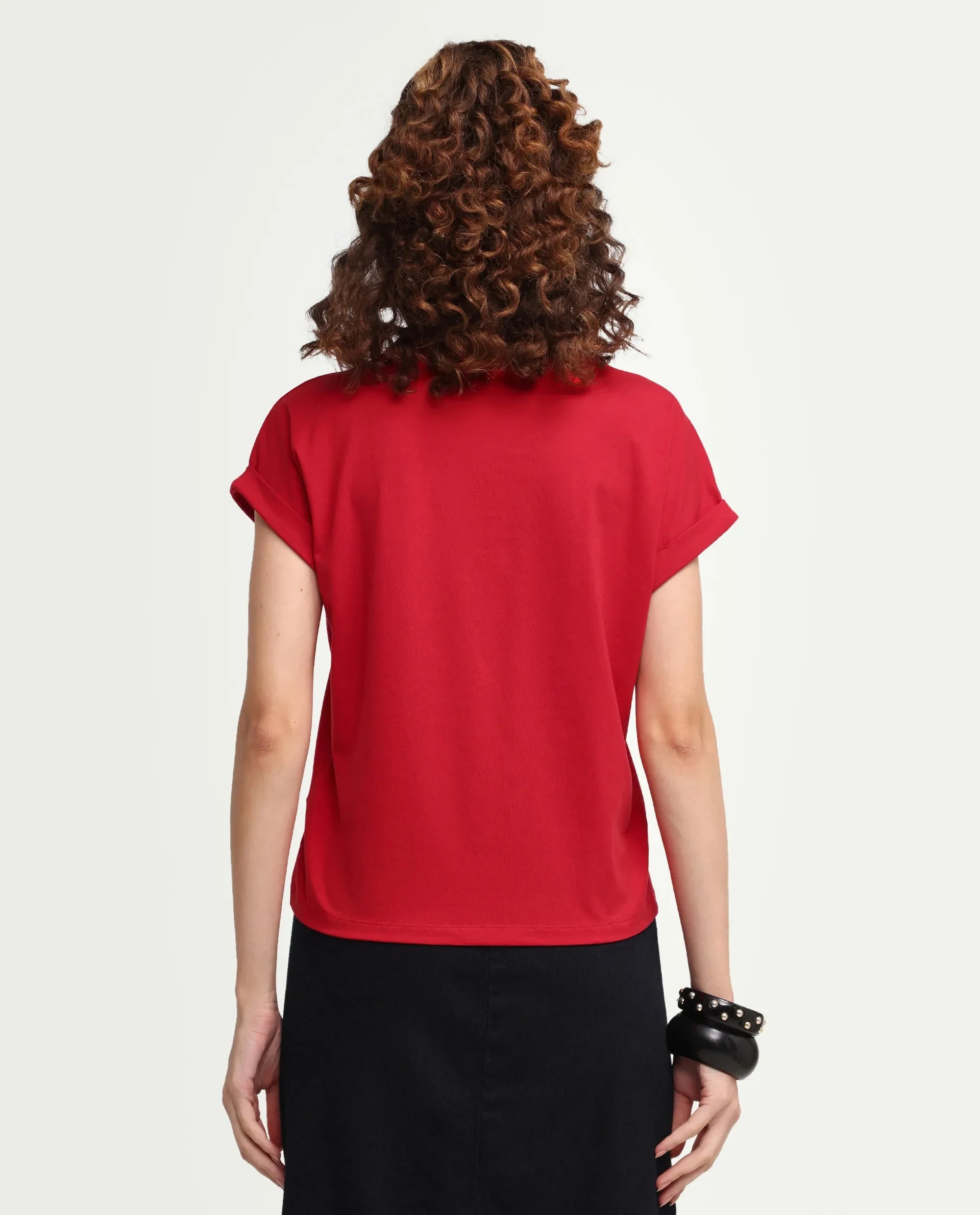 Rareism Women's Zurf Red Cotton Blend Half Sleeve Relaxed Fit Plain T-Shirt
