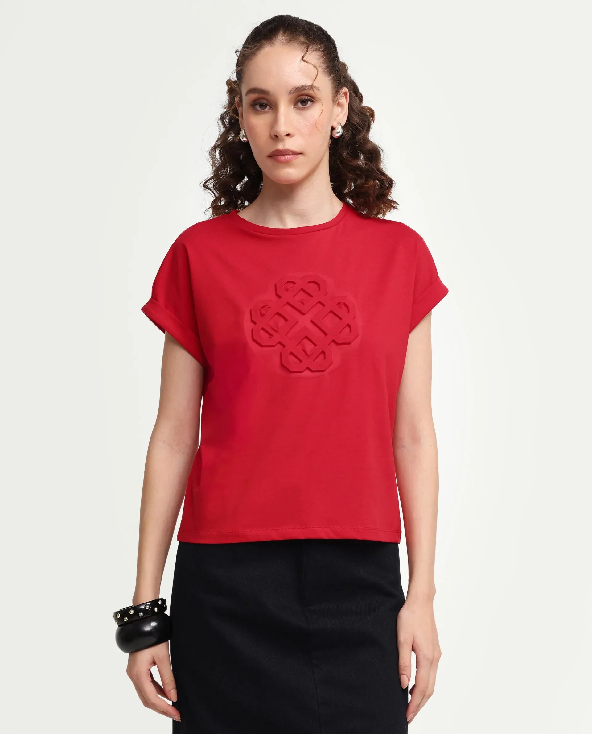 Rareism Women's Zurf Red Cotton Blend Half Sleeve Relaxed Fit Plain T-Shirt