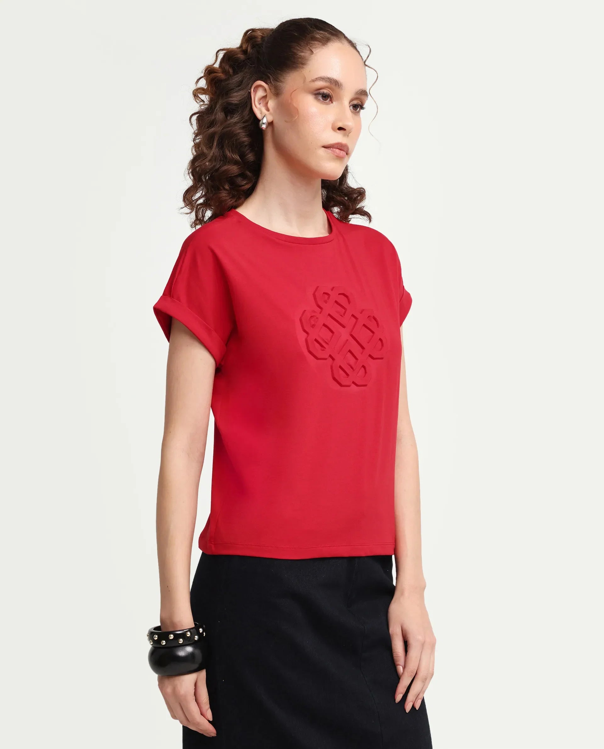 Rareism Women's Zurf Red Cotton Blend Half Sleeve Relaxed Fit Plain T-Shirt