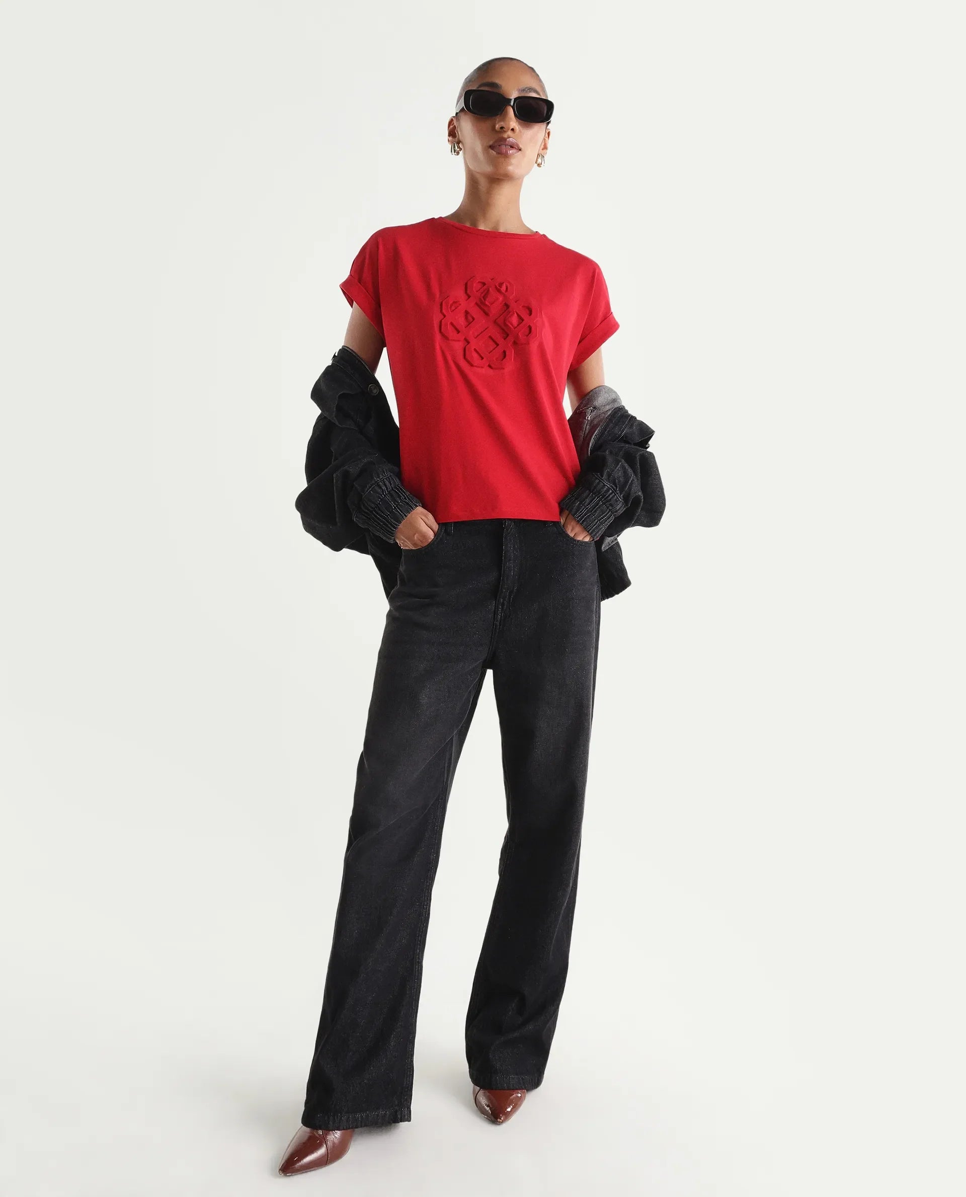 Rareism Women's Zurf Red Cotton Blend Half Sleeve Relaxed Fit Plain T-Shirt
