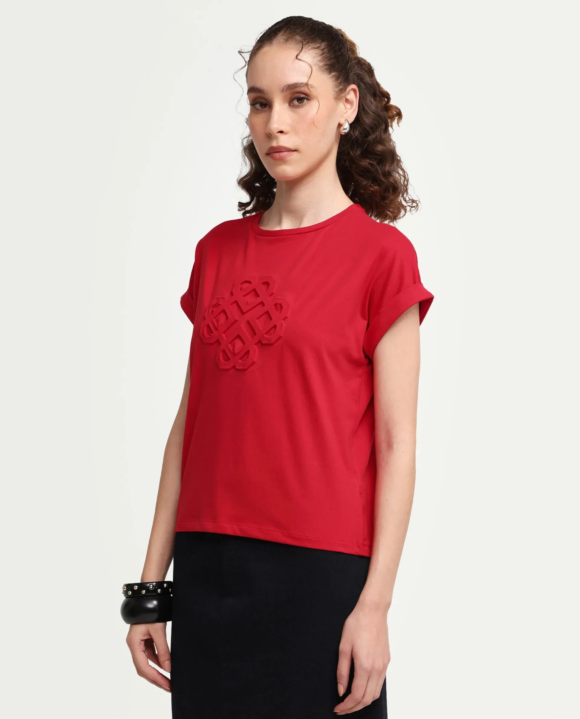 Rareism Women's Zurf Red Cotton Blend Half Sleeve Relaxed Fit Plain T-Shirt