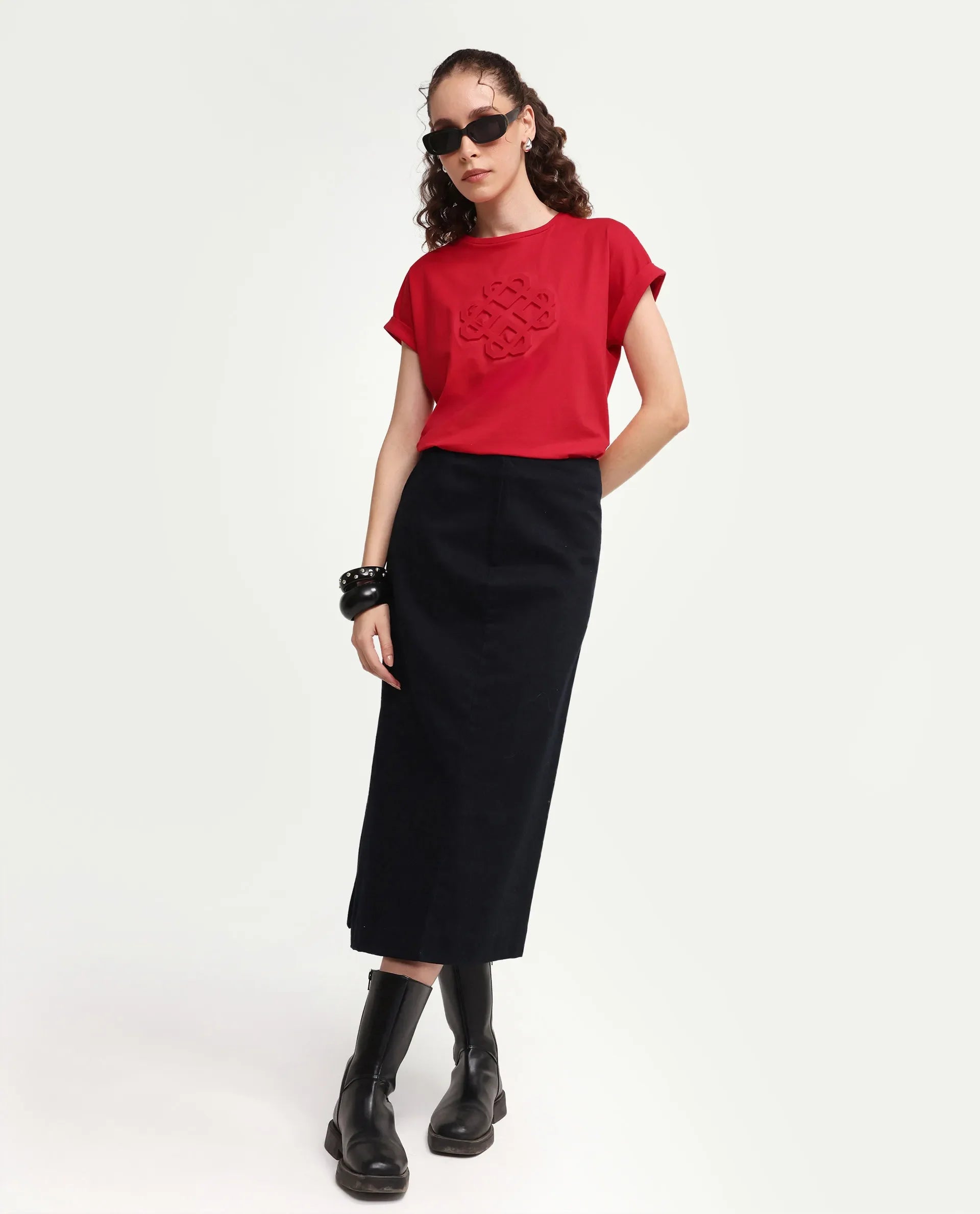 Rareism Women's Zurf Red Cotton Blend Half Sleeve Relaxed Fit Plain T-Shirt