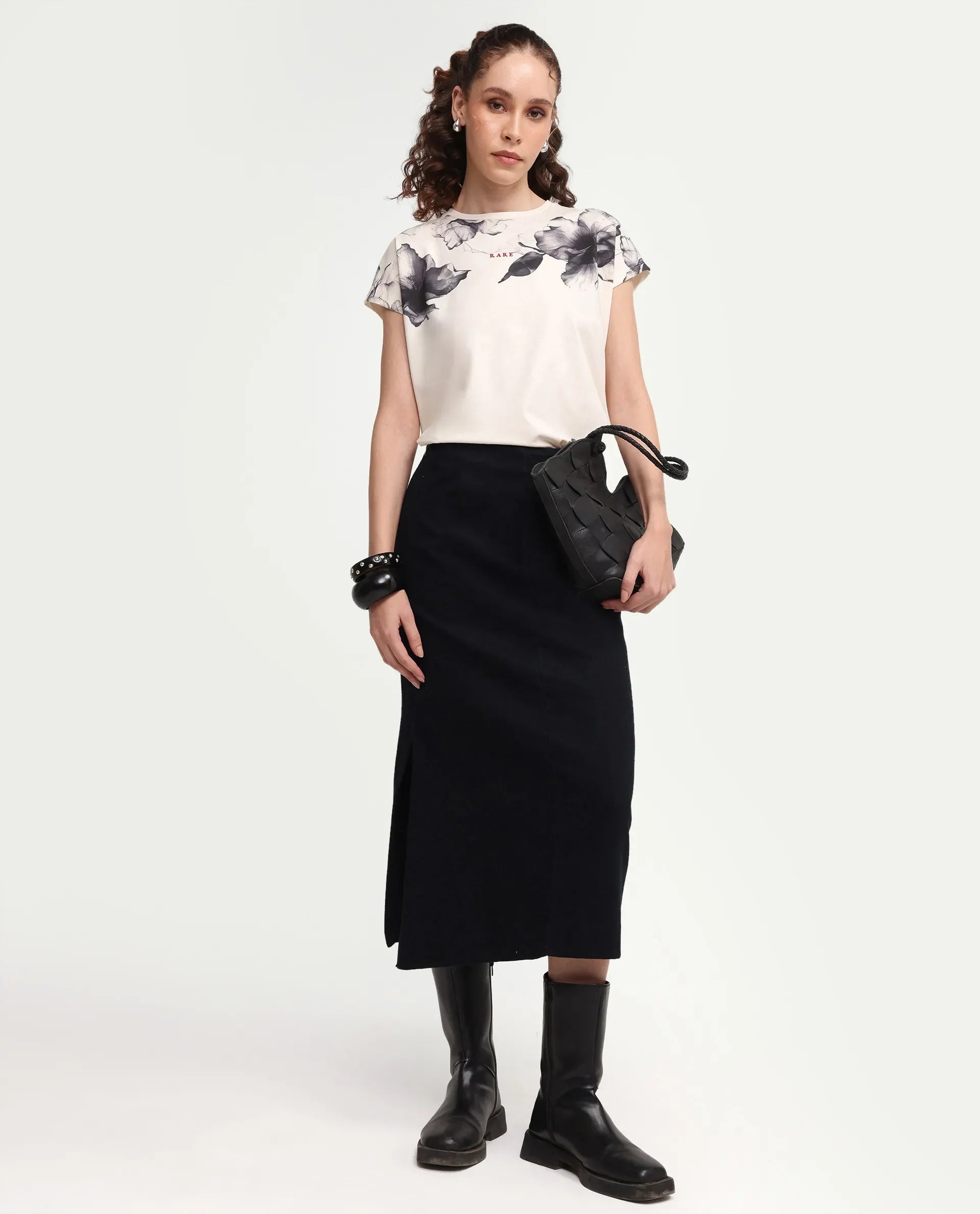 Rareism Women's Zern Off White Cotton Blend Half Sleeve Relaxed Fit Digital Print T-Shirt