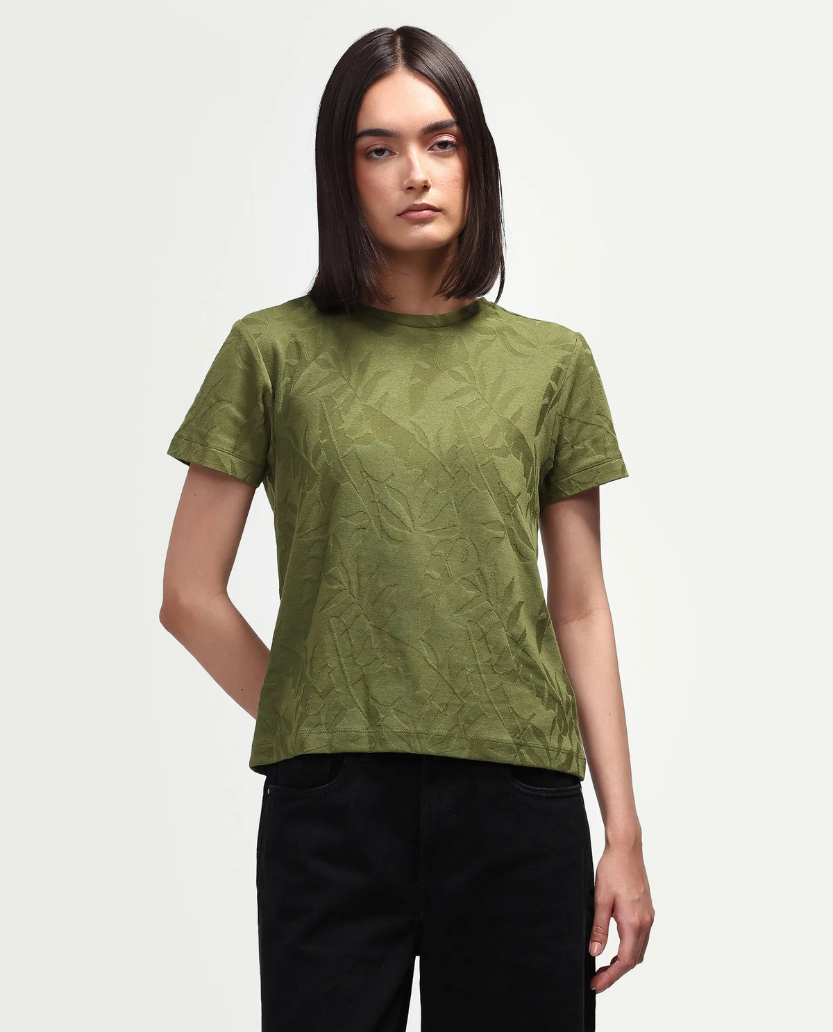 Rareism Women's Zurie Olive Cotton Blend Half Sleeve Crew Neck Regular Fit Jacquard T-Shirt