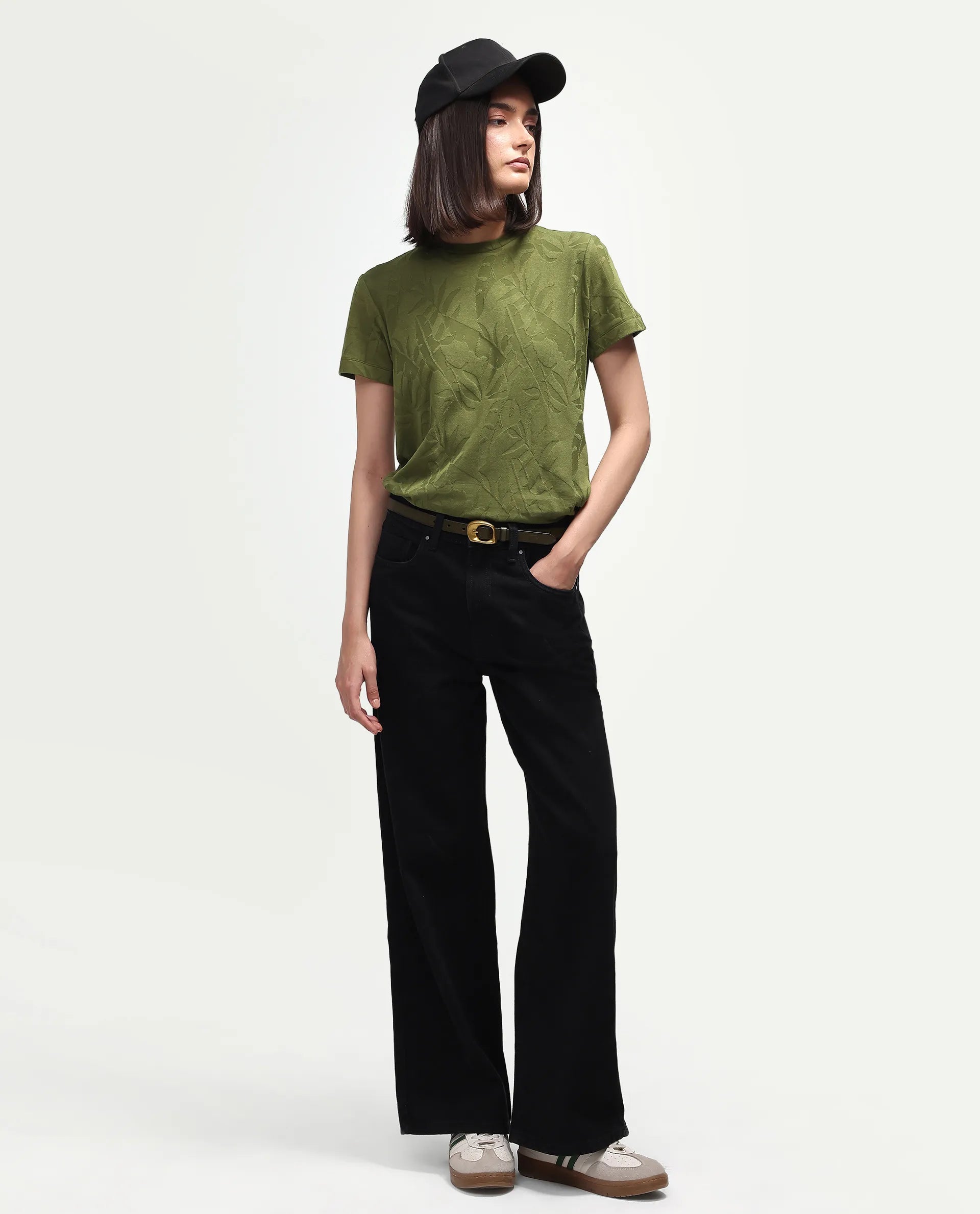 Rareism Women's Zurie Olive Cotton Blend Half Sleeve Crew Neck Regular Fit Jacquard T-Shirt