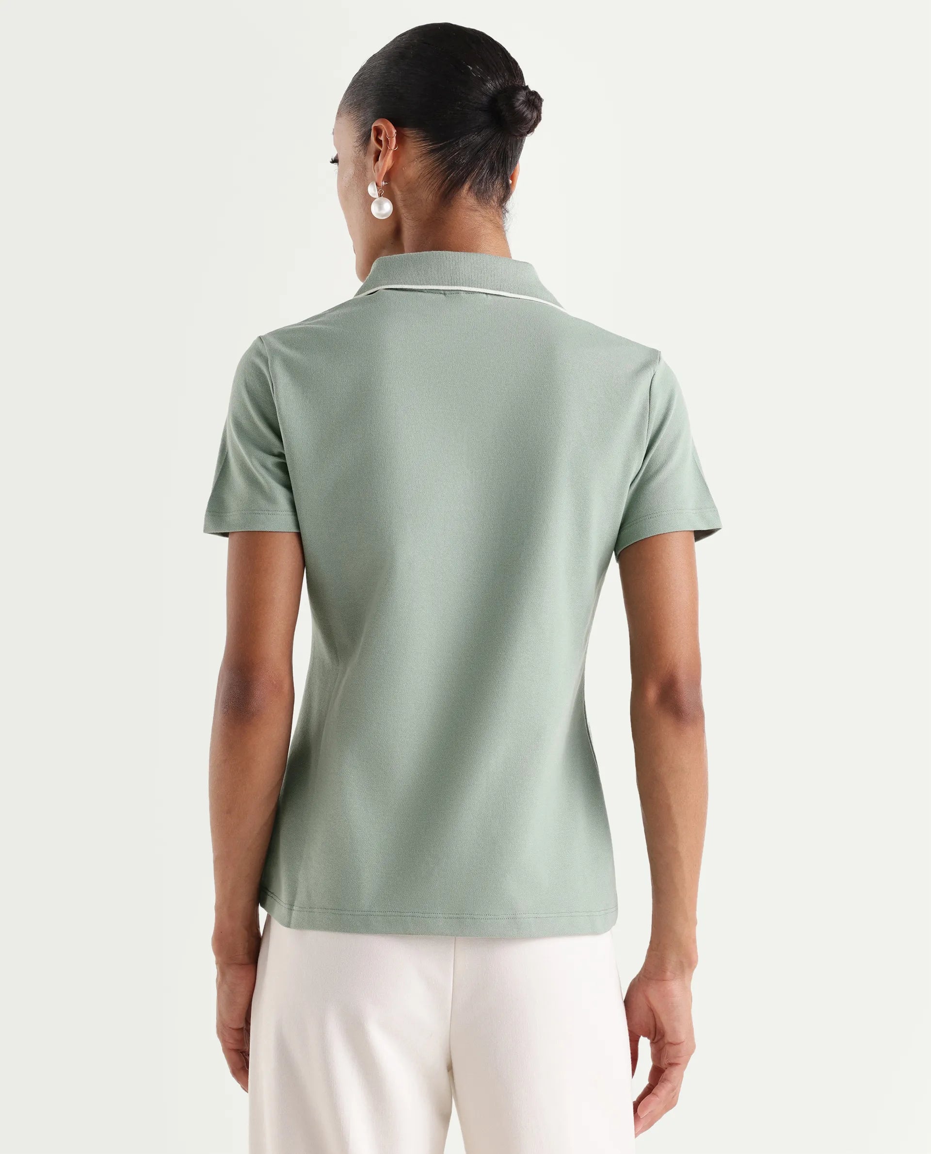 Rareism Women's Zeya Light Green Cotton Blend Half Sleeve Regular Fit Plain Polo