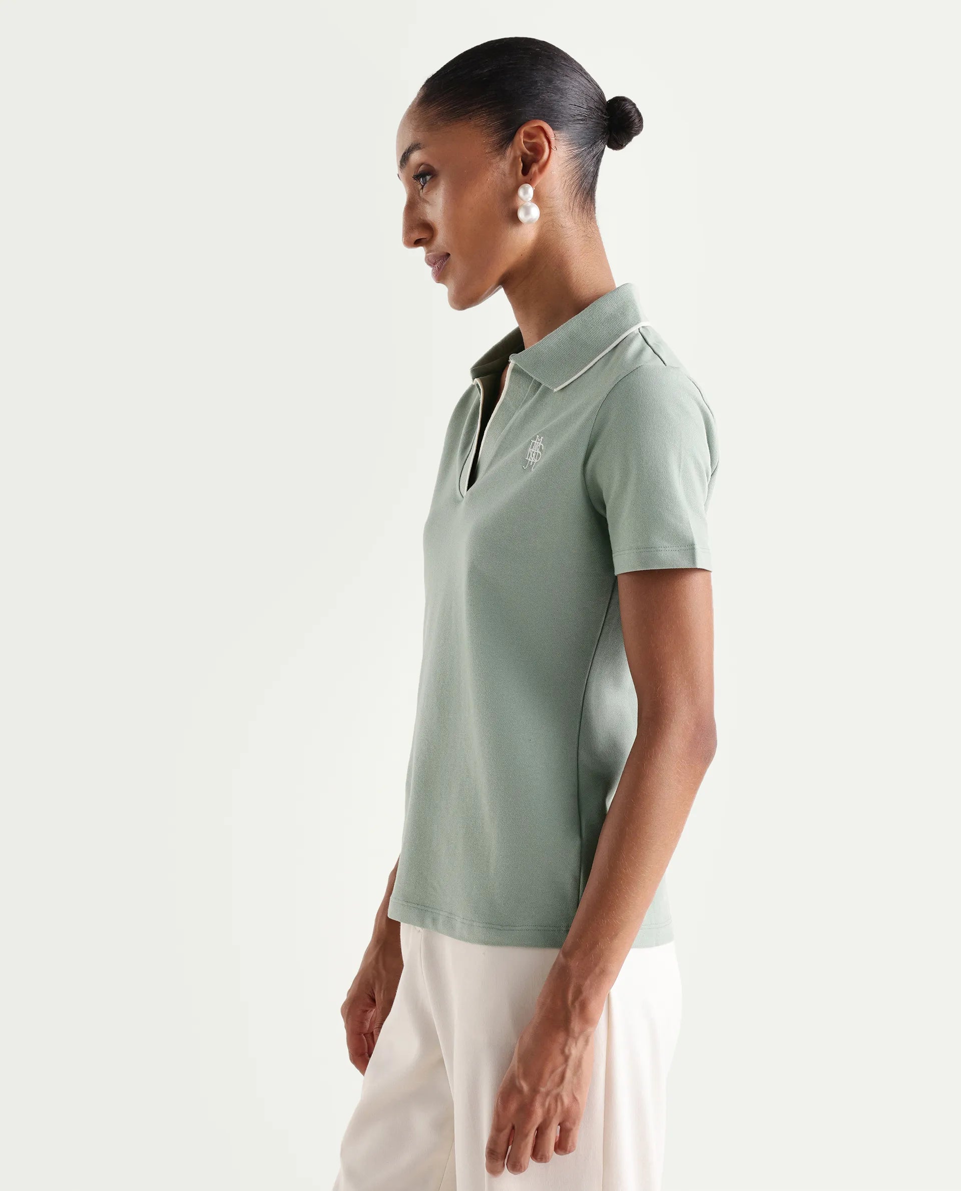 Rareism Women's Zeya Light Green Cotton Blend Half Sleeve Regular Fit Plain Polo