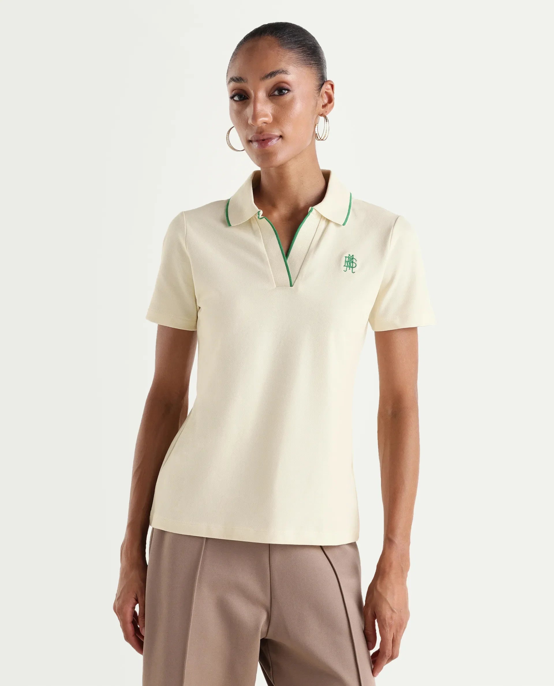 Rareism Women's Zeya Off White Cotton Blend Half Sleeve Regular Fit Plain Polo