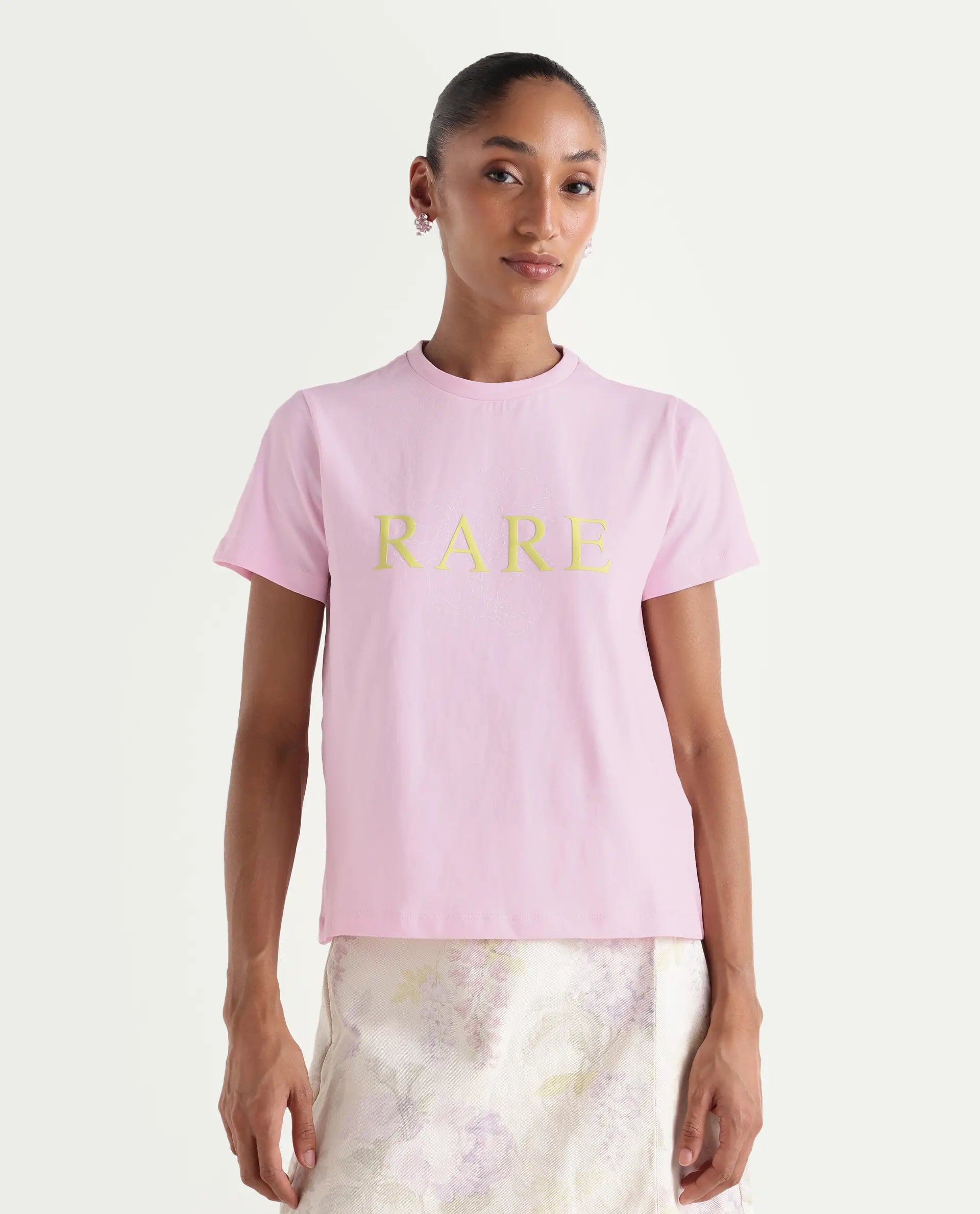 Rareism Women's Zhane Light Pink Cotton Crew Neck Pull-On Regular Typography Print T-Shirt
