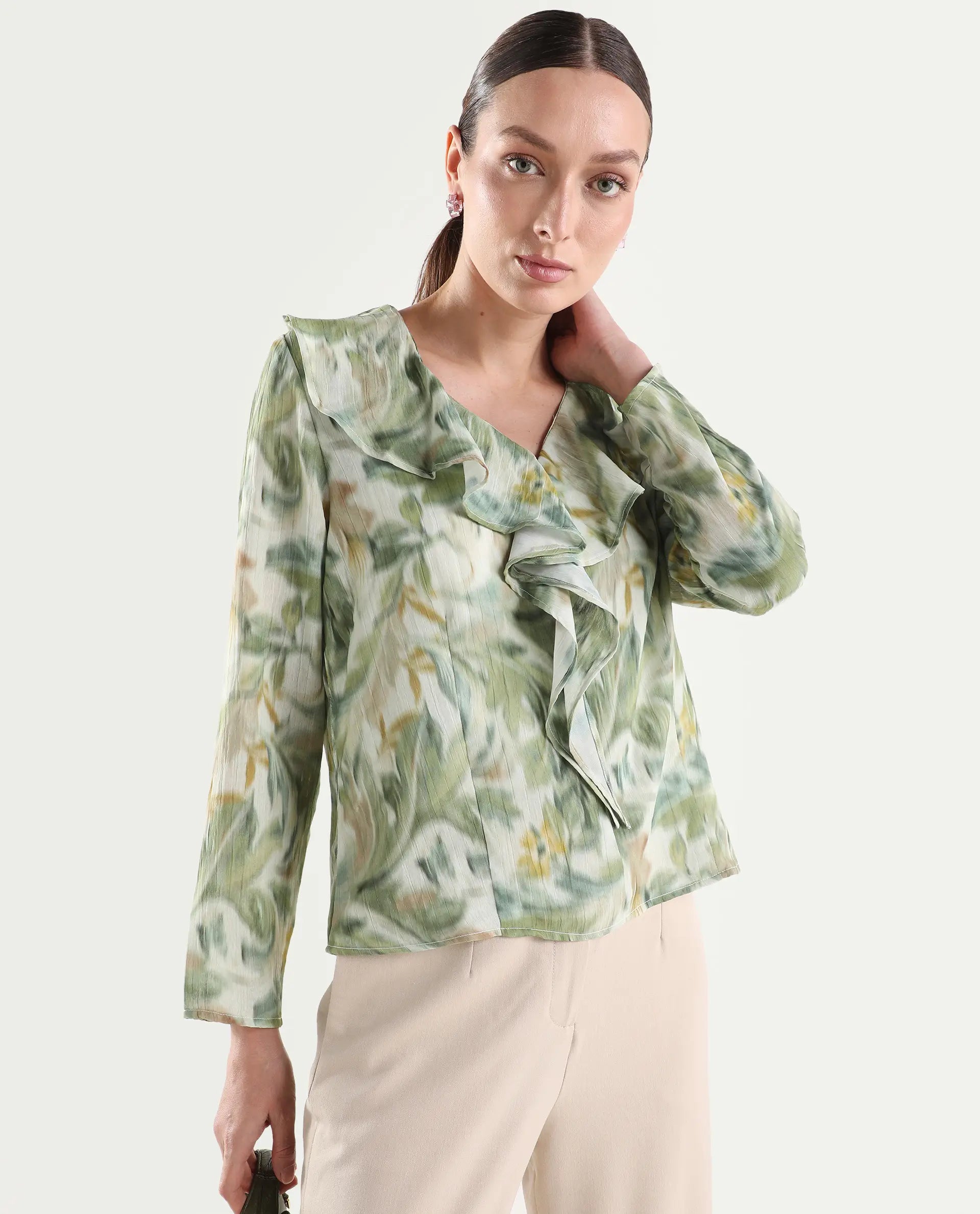 Rareism Women's Abena Light Green Polyester Full Sleeve Regular Fit Printed Top
