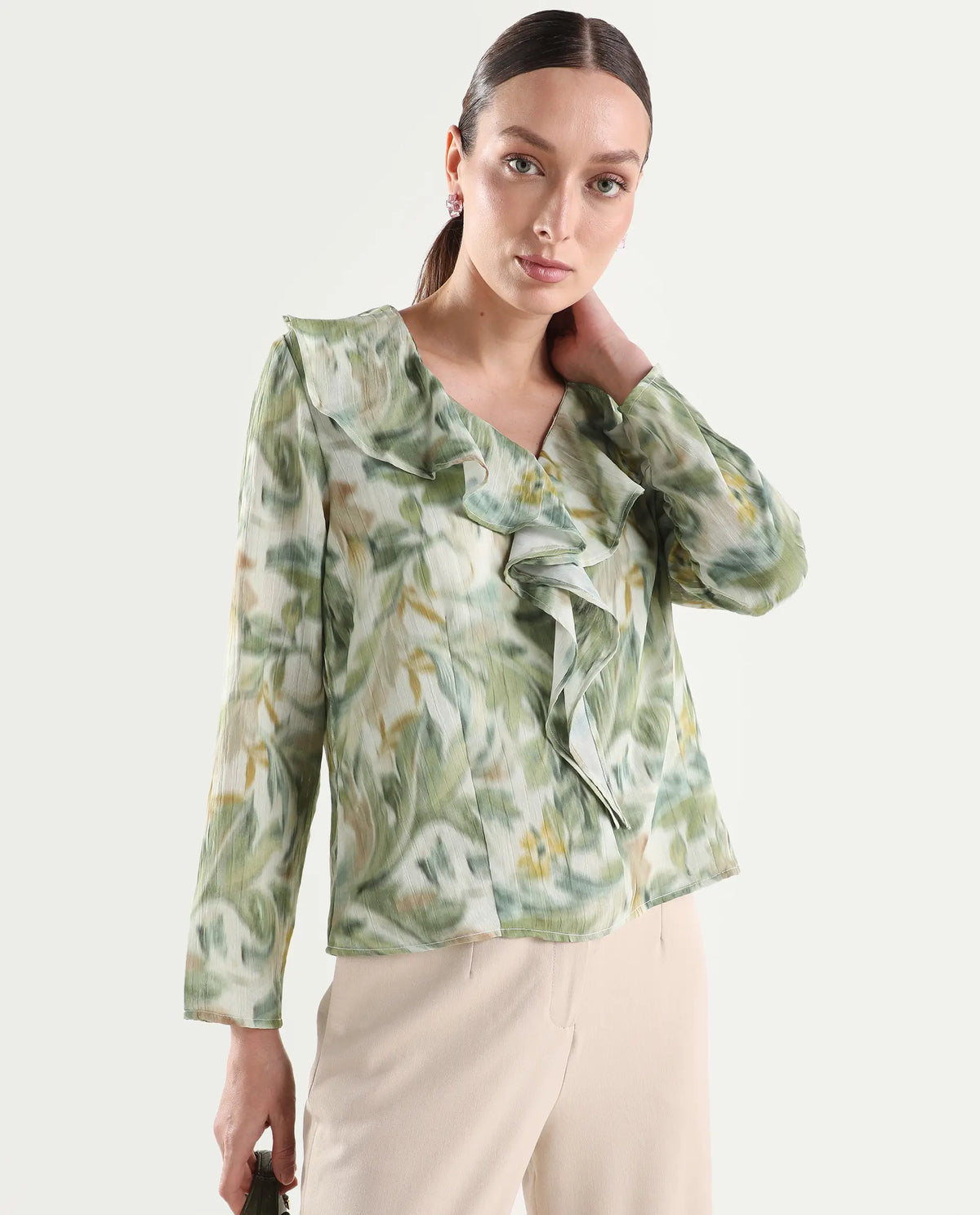 Rareism Women's Abena Light Green Polyester Full Sleeve Regular Fit Printed Top