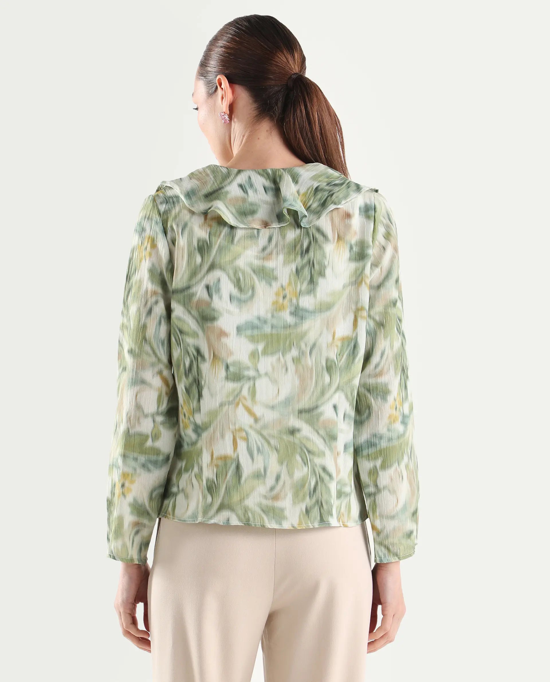 Rareism Women's Abena Light Green Polyester Full Sleeve Regular Fit Printed Top