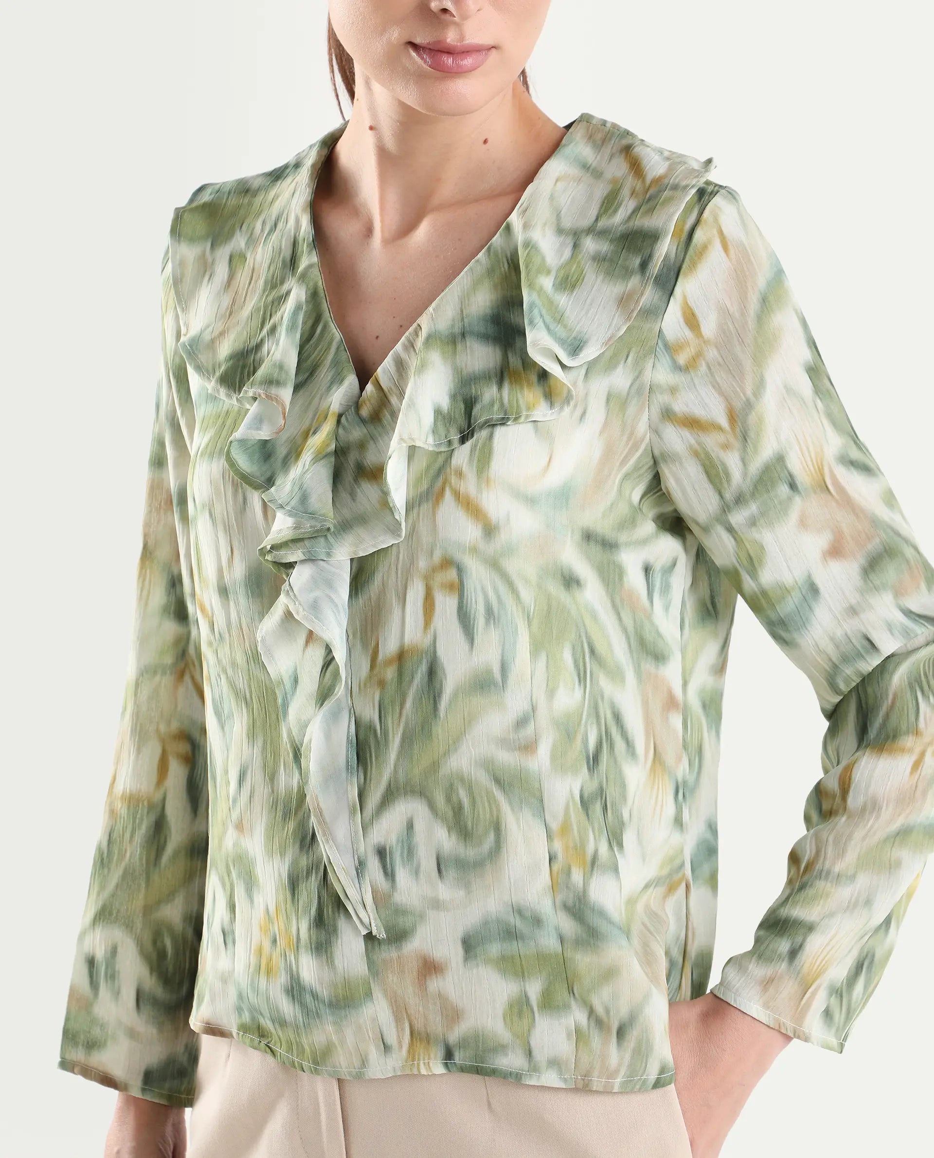 Rareism Women's Abena Light Green Polyester Full Sleeve Regular Fit Printed Top