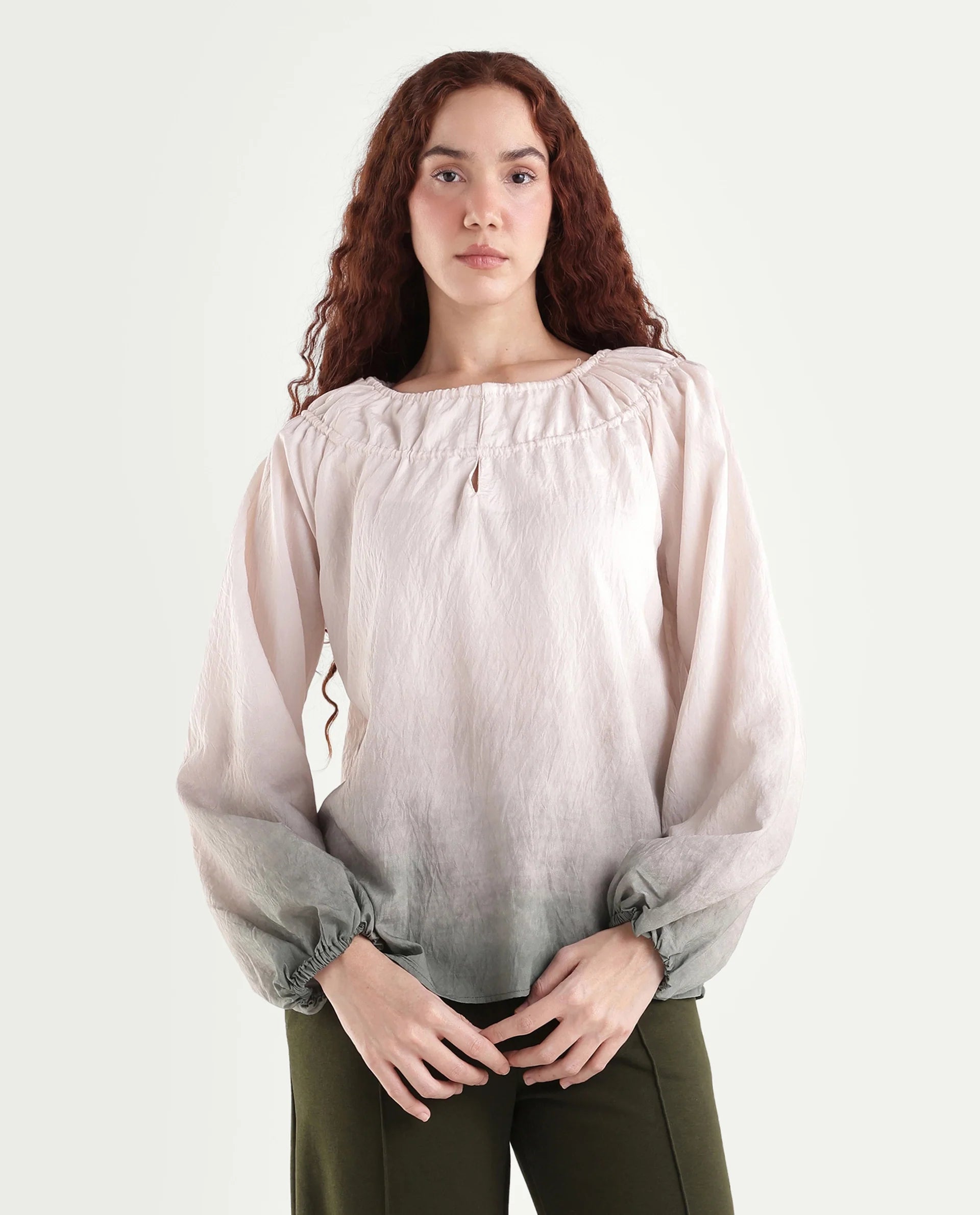 Rareism Women's Aelus Olive Viscose Blend Full Sleeve Regular Fit Ombre Print Top
