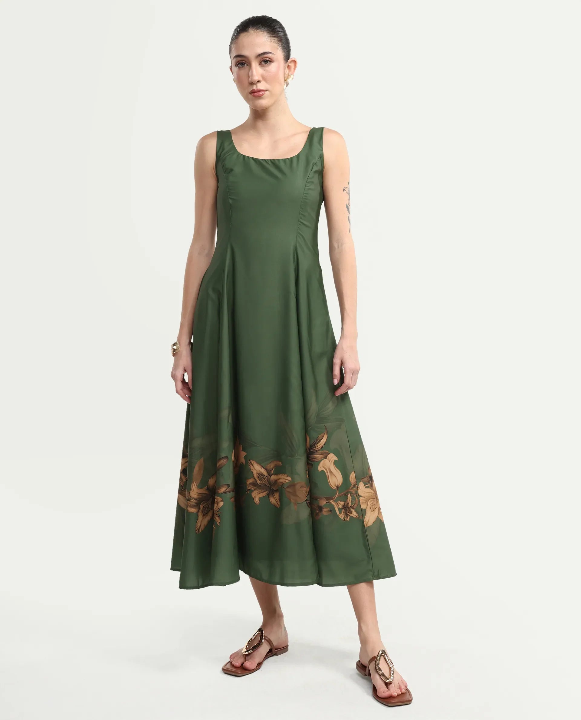 Rareism Women's Aeria Olive Polyester Sleeveless Fit And Flare Floral Print Dress