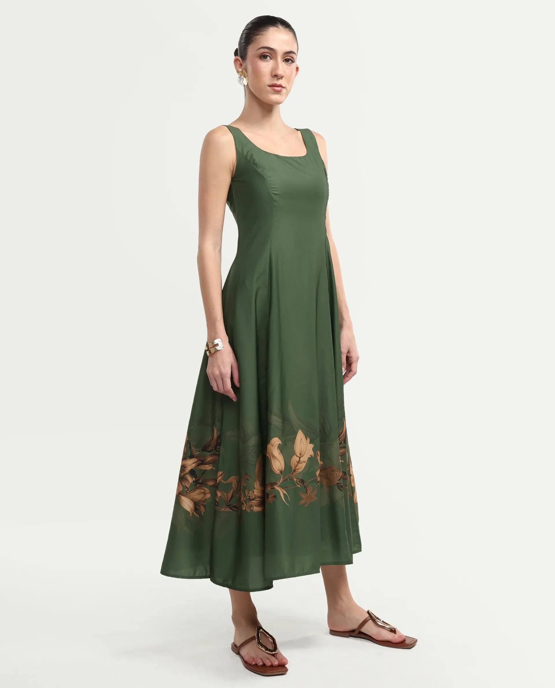 Rareism Women's Aeria Olive Polyester Sleeveless Fit And Flare Floral Print Dress