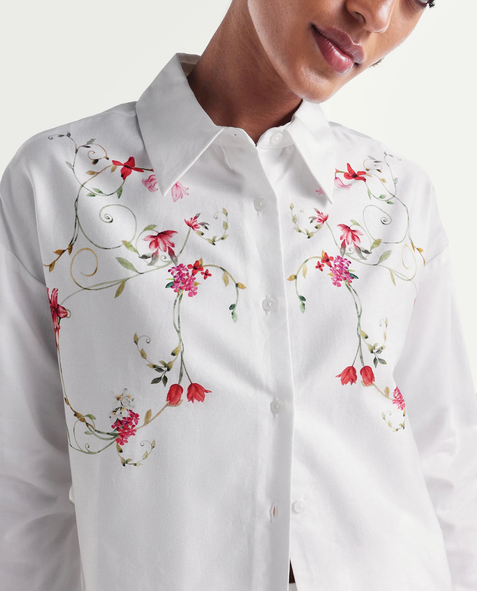Rareism Women's Aerie Off White Cotton Satin Full Sleeve Oversize Fit Floral Print Shirt