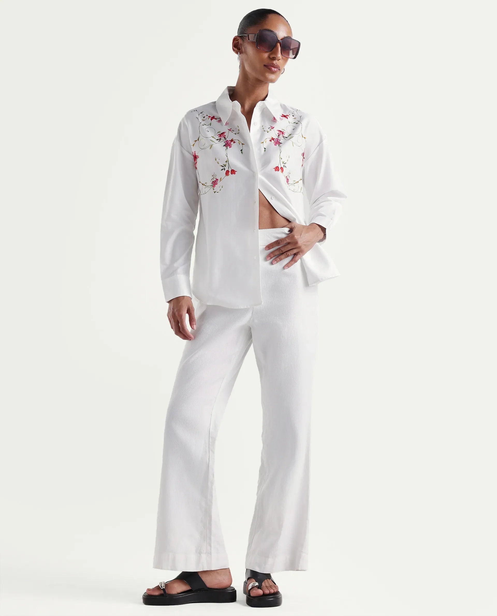 Rareism Women's Aerie Off White Cotton Full Sleeve Oversize Fit Floral Print Shirt