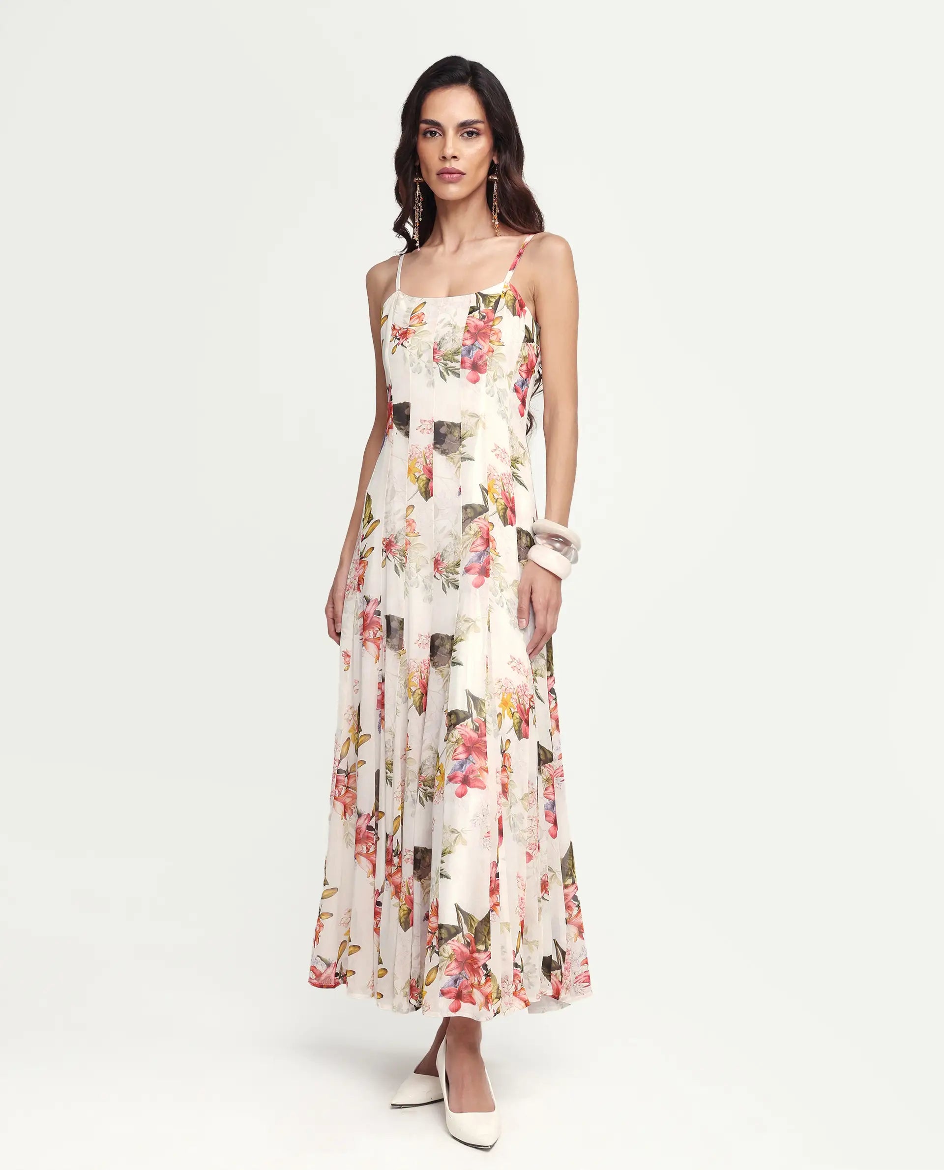 Rareism Women's Ailsa Off White Viscose Blend Sleeveless Fit And Flare Floral Print Dress