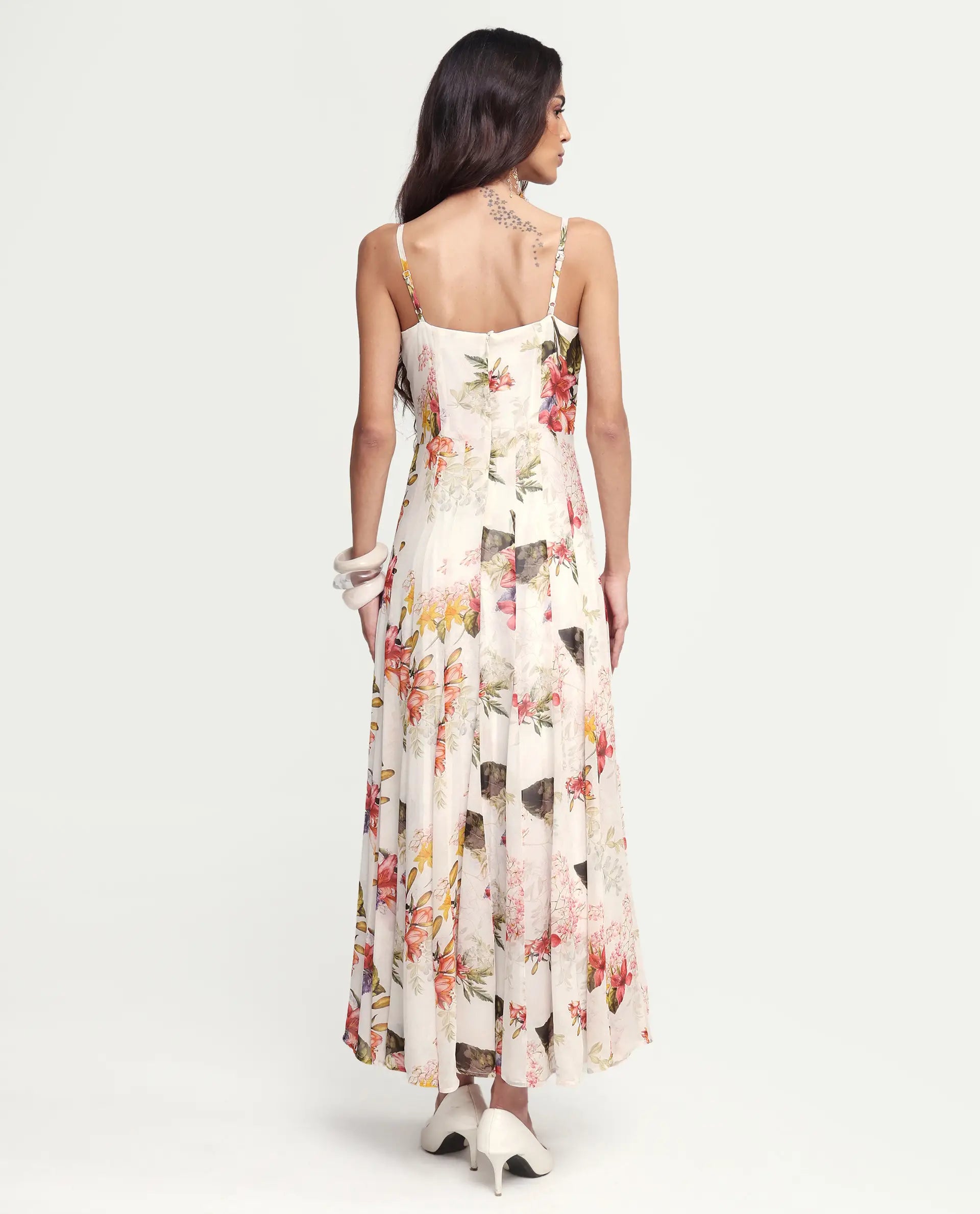 Rareism Women's Ailsa Off White Viscose Blend Sleeveless Fit And Flare Floral Print Dress