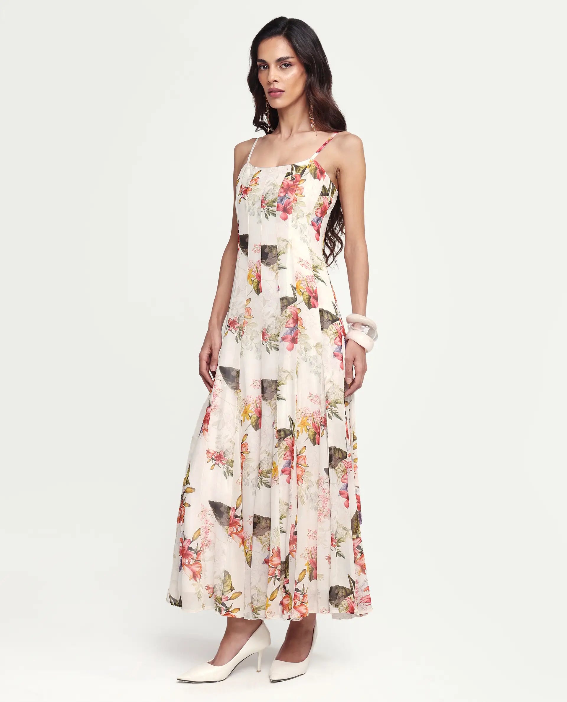 Rareism Women's Ailsa Off White Viscose Blend Sleeveless Fit And Flare Floral Print Dress