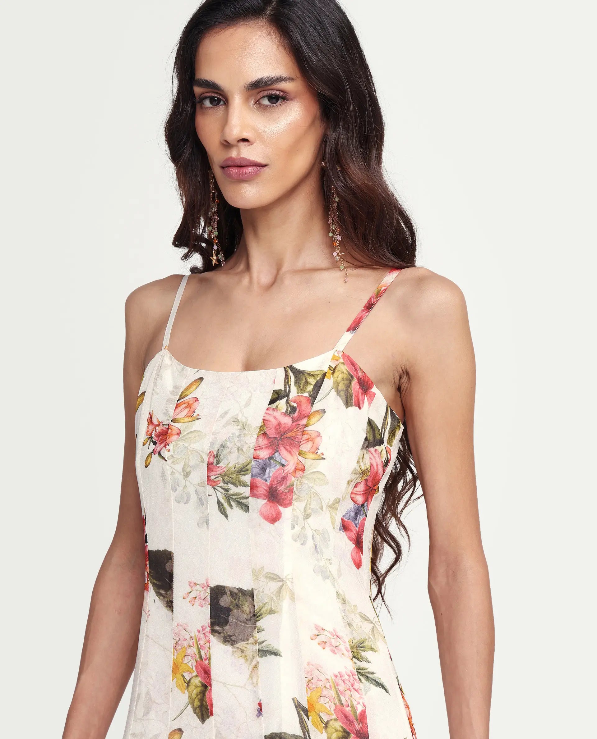 Rareism Women's Ailsa Off White Viscose Blend Sleeveless Fit And Flare Floral Print Dress
