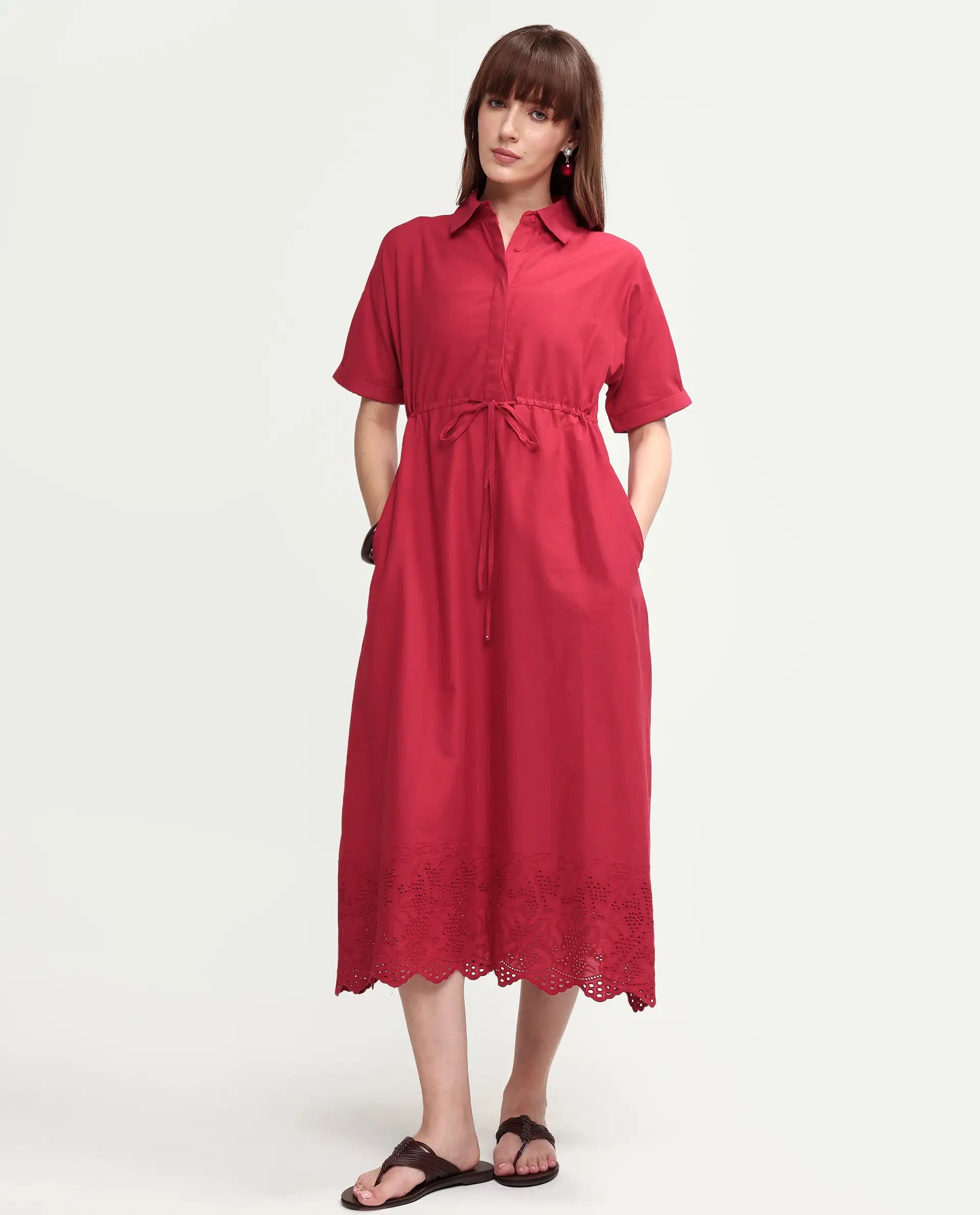 Rareism Women's Aunia Red Polyester Half Sleeve Flared Plain Dress
