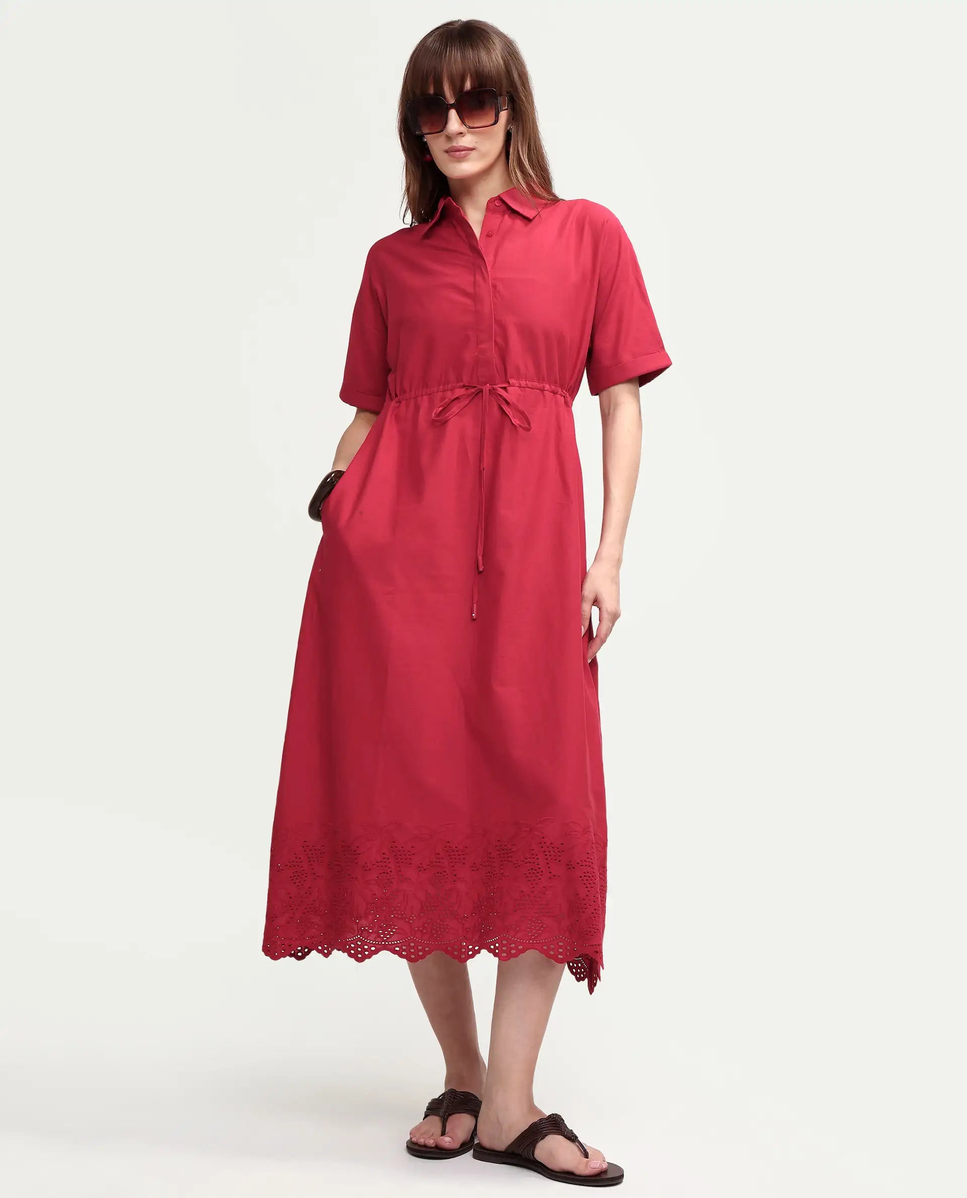 Rareism Women's Aunia Red Polyester Half Sleeve Flared Plain Dress