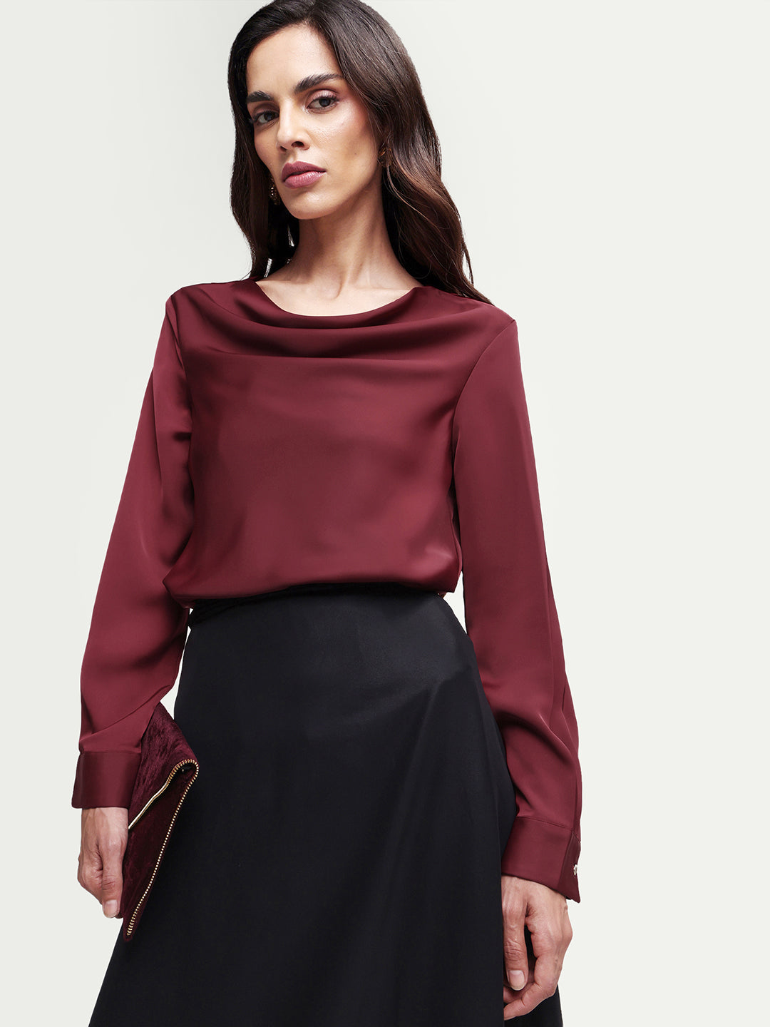 Rareism Women's Avier Dark Red Polyester Full Sleeve Cowl Neck Regular Fit Plain Top