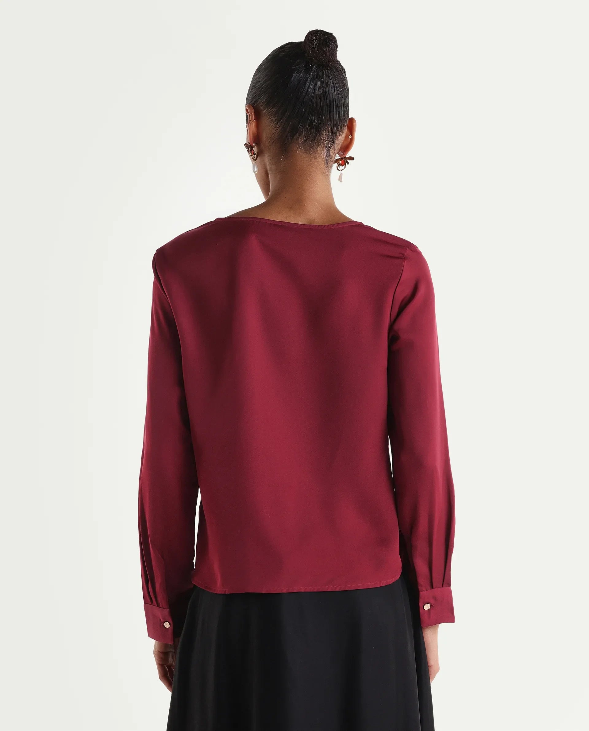 Rareism Women's Avier Dark Red Polyester Full Sleeve Cowl Neck Regular Fit Plain Top