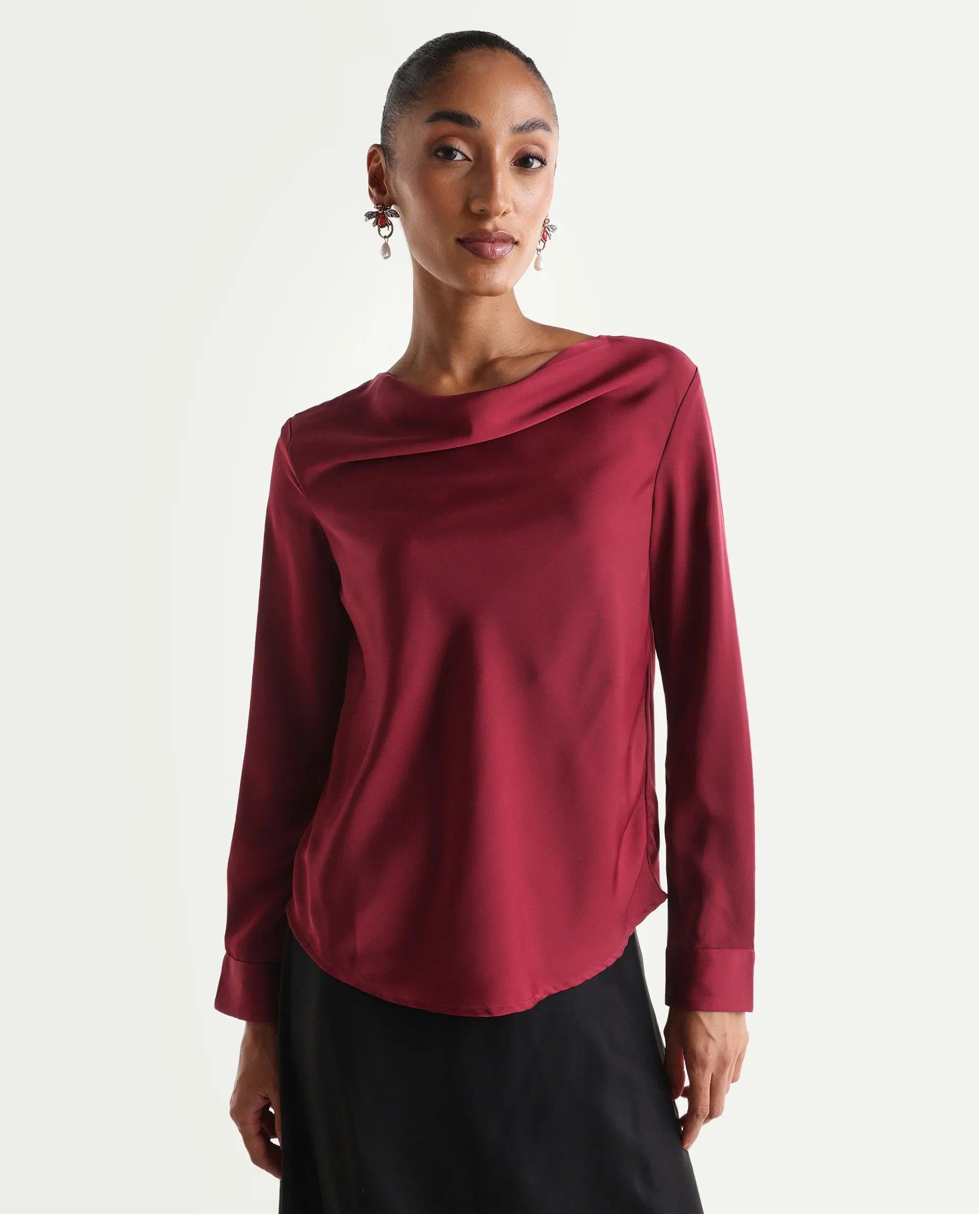 Rareism Women's Avier Dark Red Polyester Full Sleeve Cowl Neck Regular Fit Plain Top