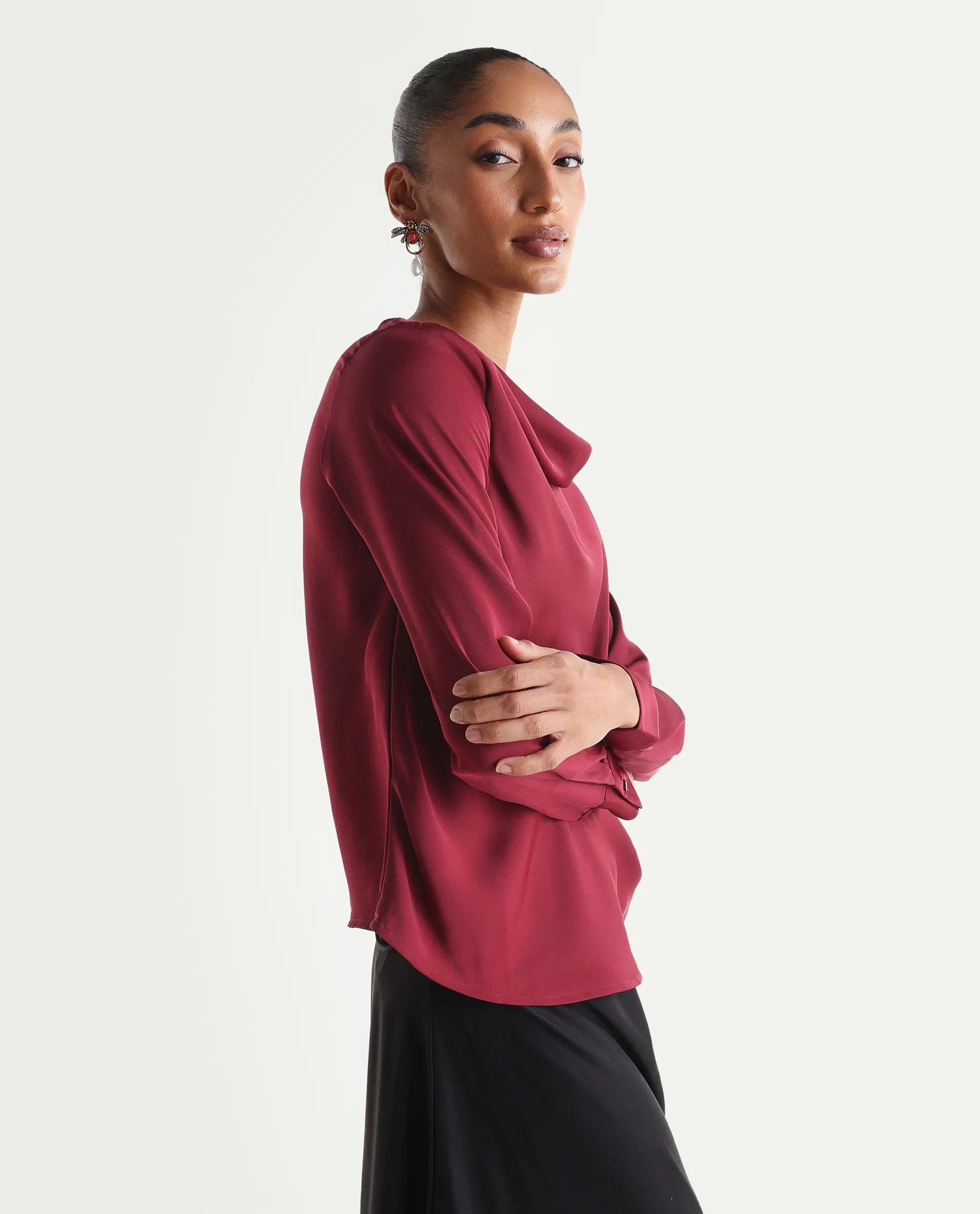 Rareism Women's Avier Dark Red Polyester Full Sleeve Cowl Neck Regular Fit Plain Top