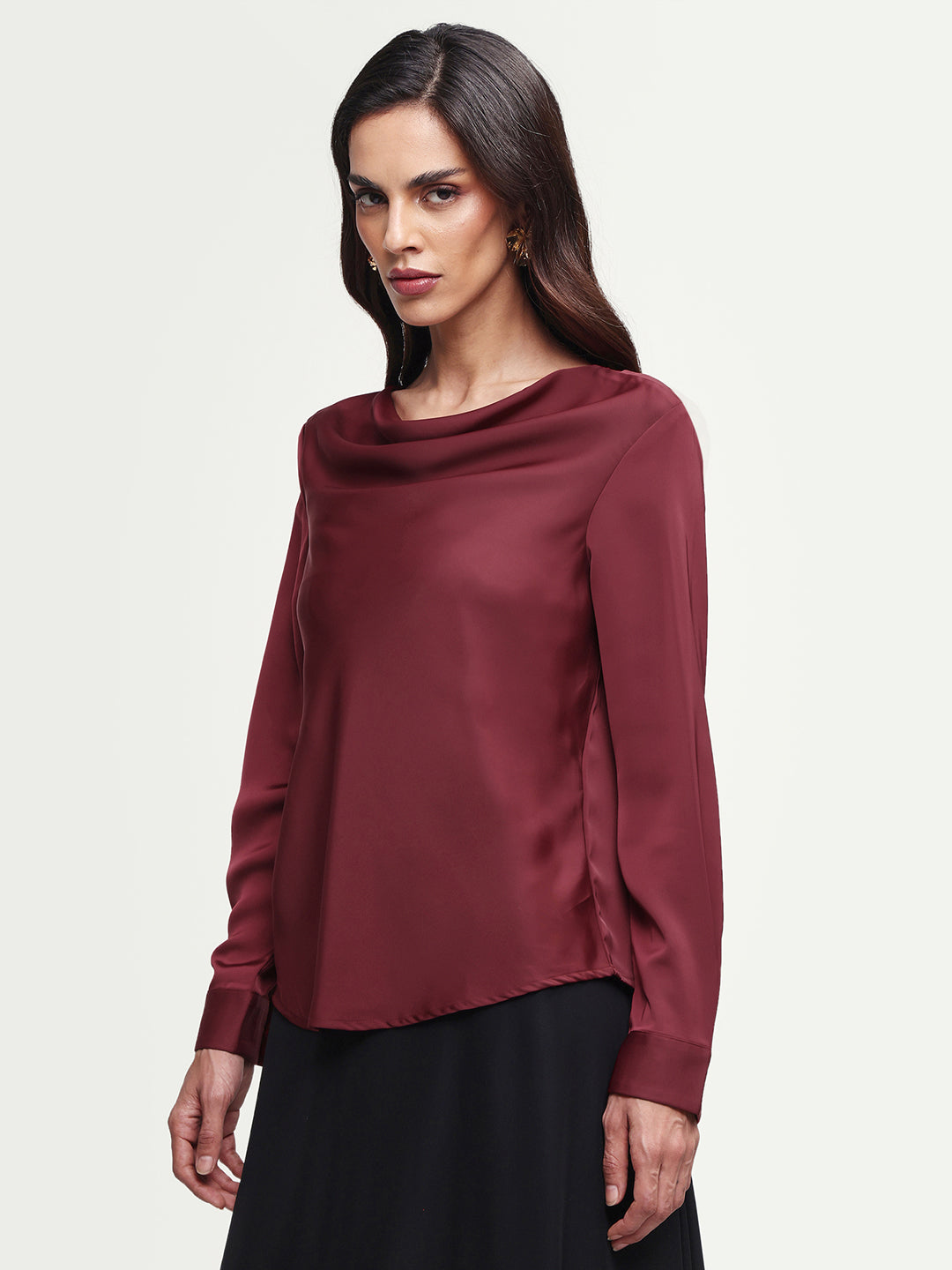 Rareism Women's Avier Dark Red Polyester Full Sleeve Cowl Neck Regular Fit Plain Top