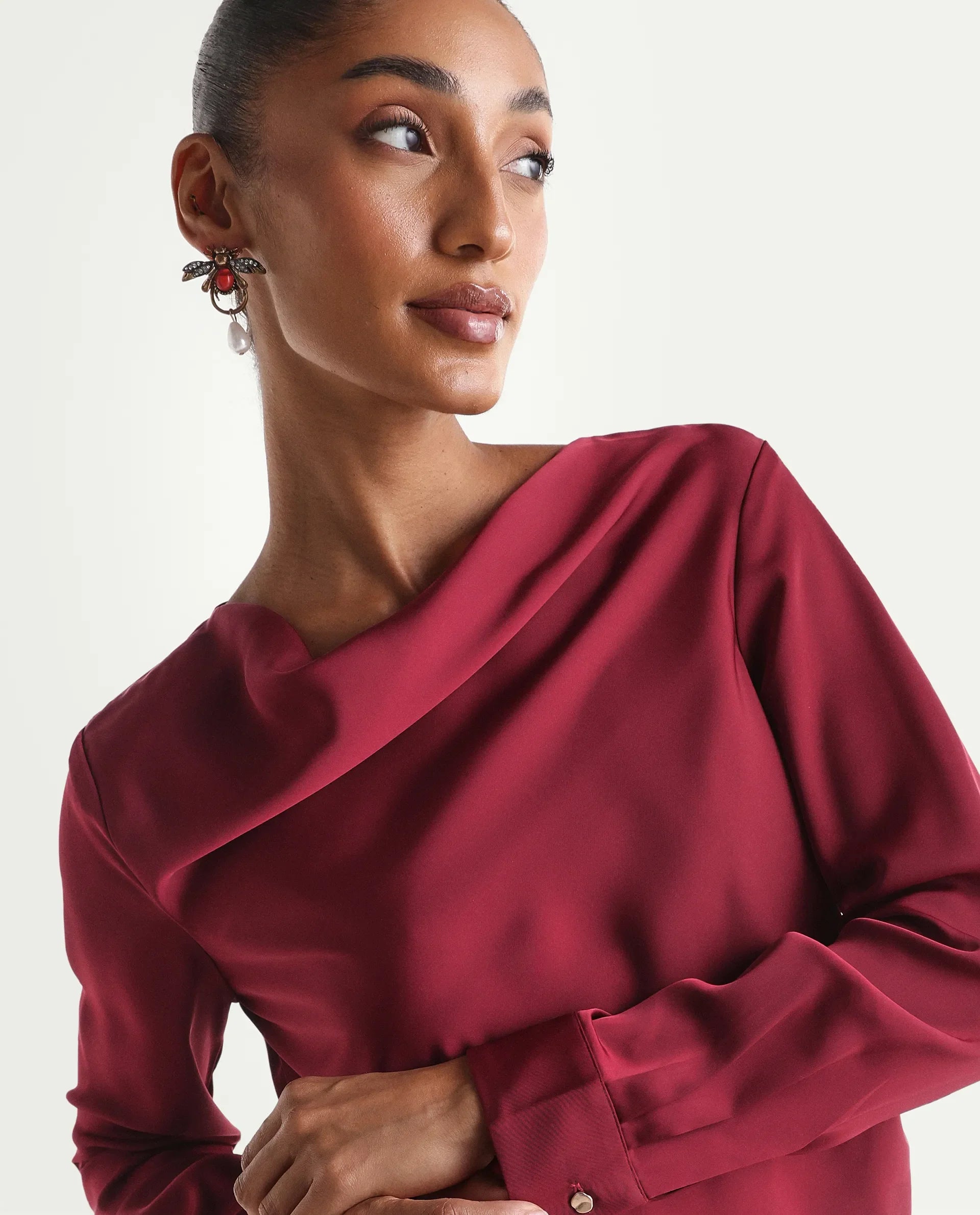 Rareism Women's Avier Dark Red Polyester Full Sleeve Cowl Neck Regular Fit Plain Top