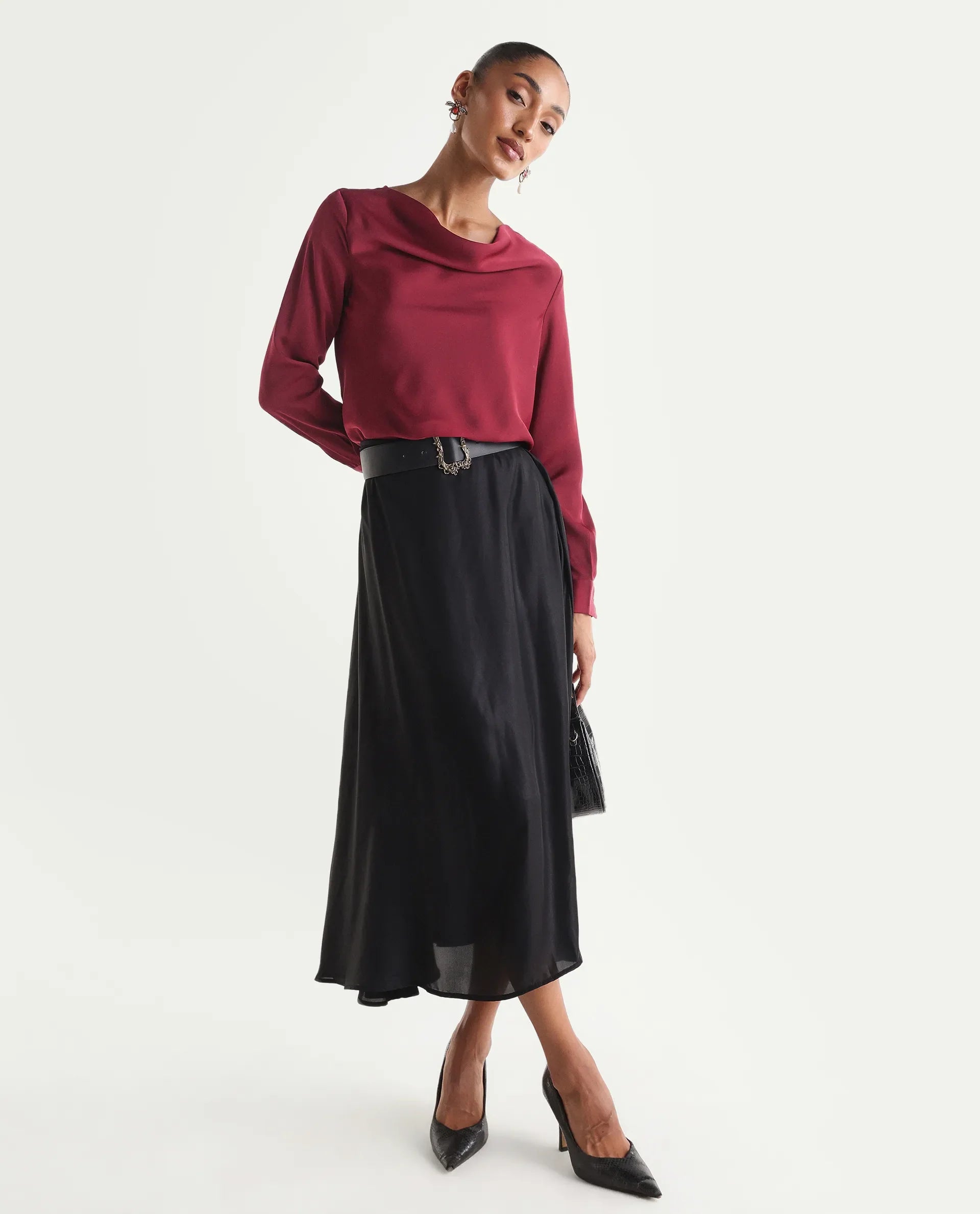 Rareism Women's Avier Dark Red Polyester Full Sleeve Cowl Neck Regular Fit Plain Top