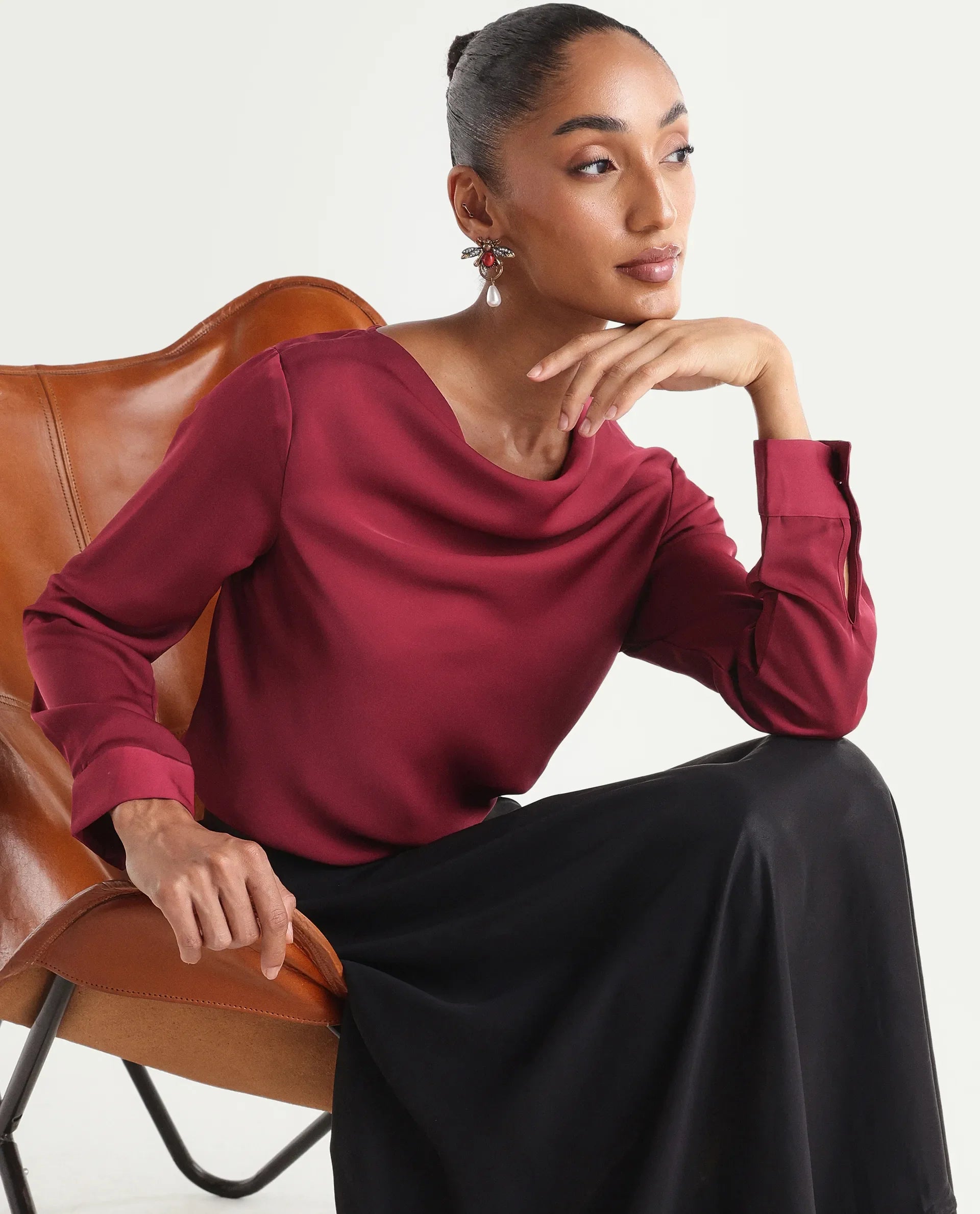 Rareism Women's Avier Dark Red Polyester Full Sleeve Cowl Neck Regular Fit Plain Top