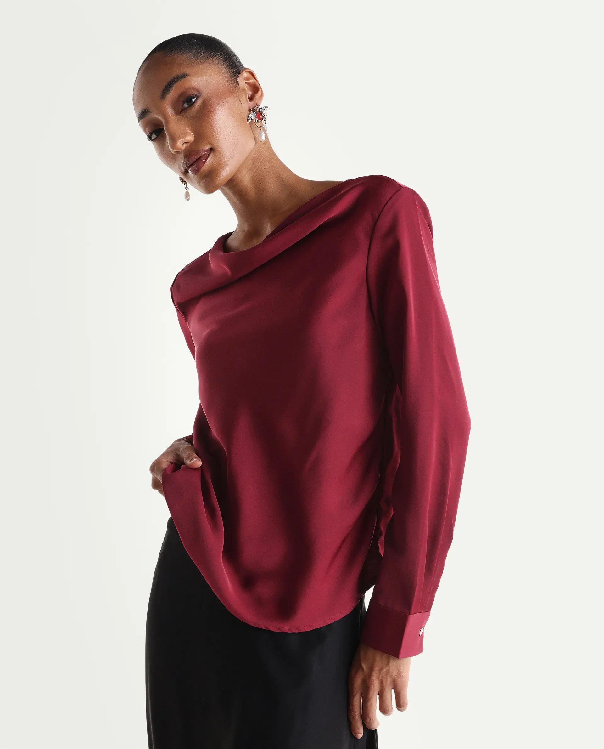 Rareism Women's Avier Dark Red Polyester Full Sleeve Cowl Neck Regular Fit Plain Top