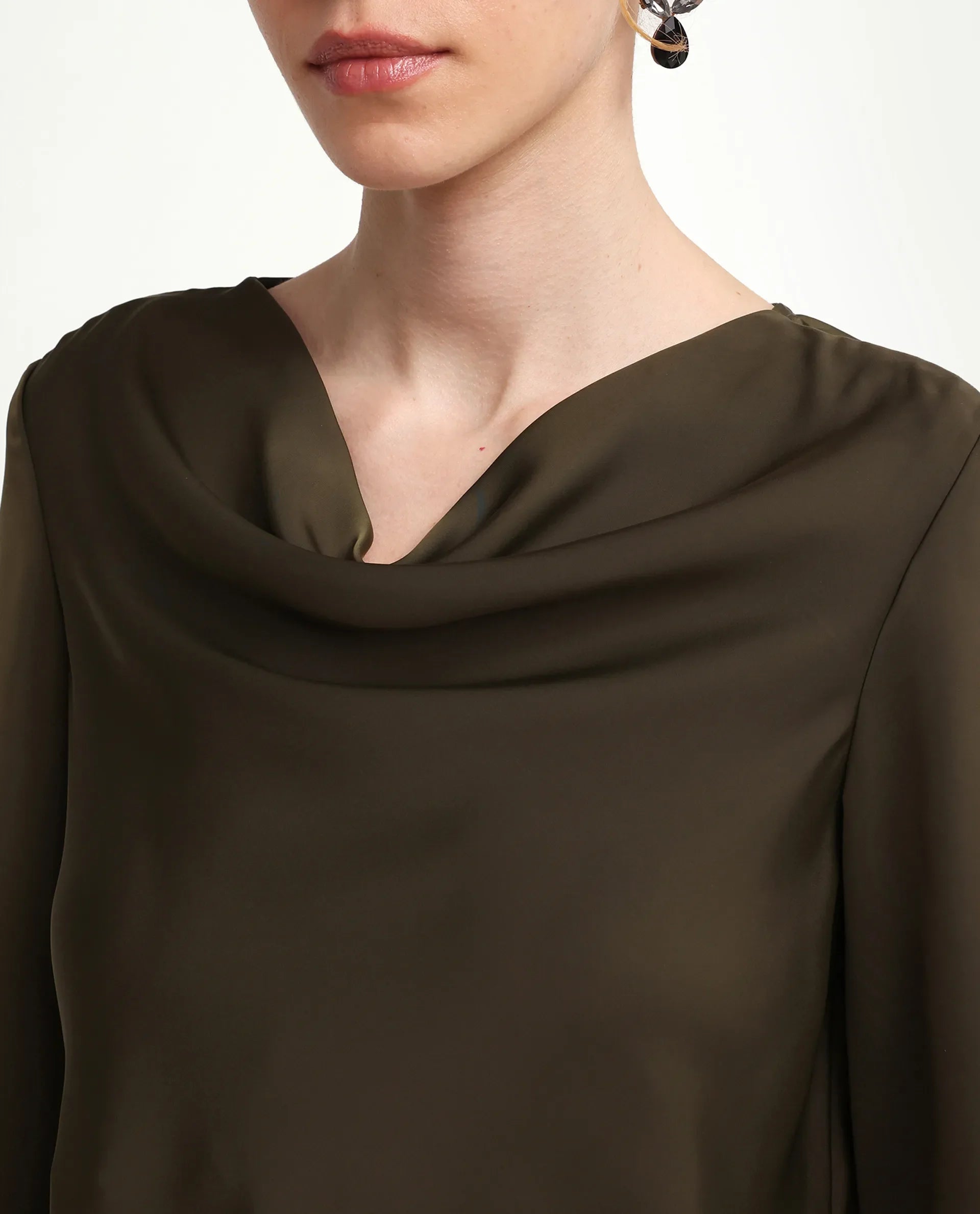 Rareism Women's Avier Olive Polyester Full Sleeve Cowl Neck Regular Fit Plain Top