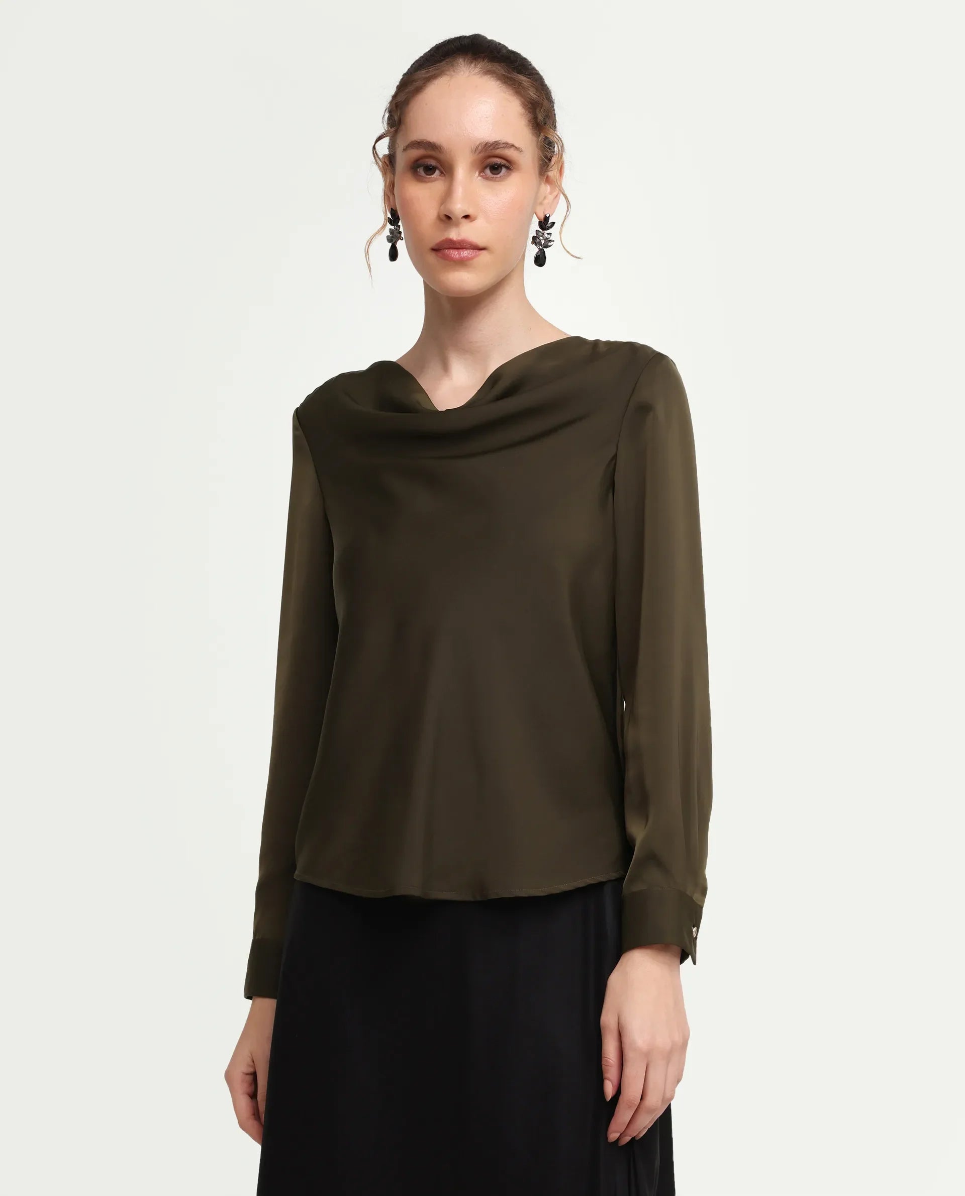 Rareism Women's Avier Olive Polyester Full Sleeve Cowl Neck Regular Fit Plain Top