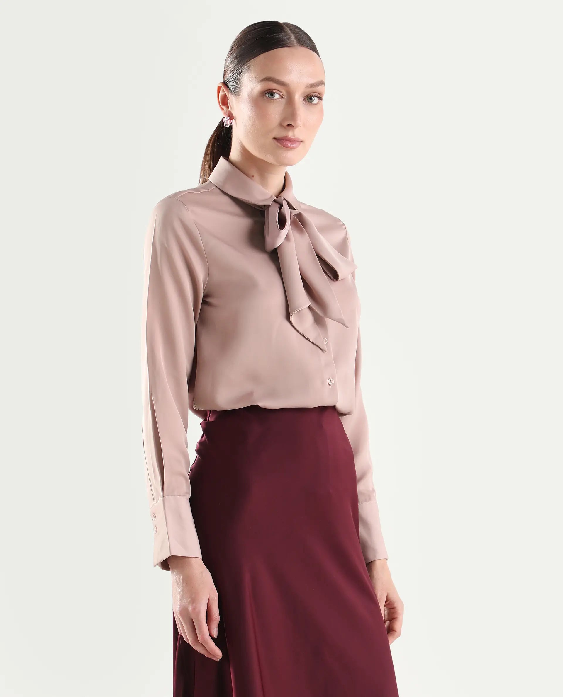 Rareism Women's Aviol Dusky Pink Polyester Full Sleeve Regular Fit Plain Top