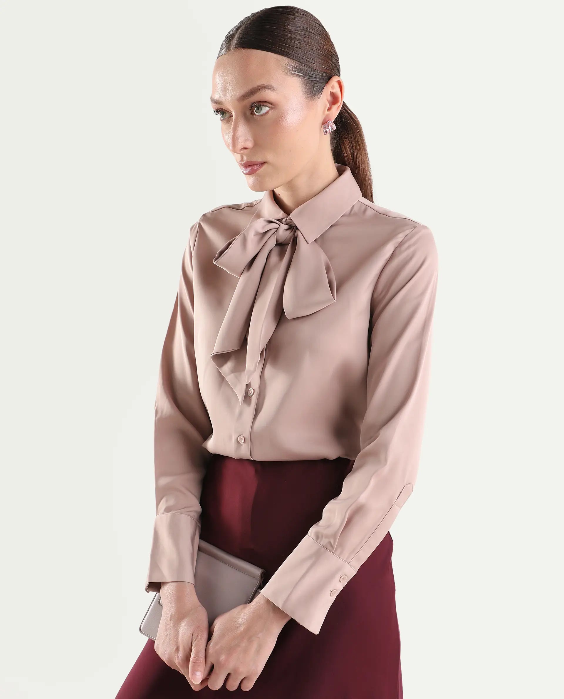 Rareism Women's Aviol Dusky Pink Polyester Full Sleeve Regular Fit Plain Top