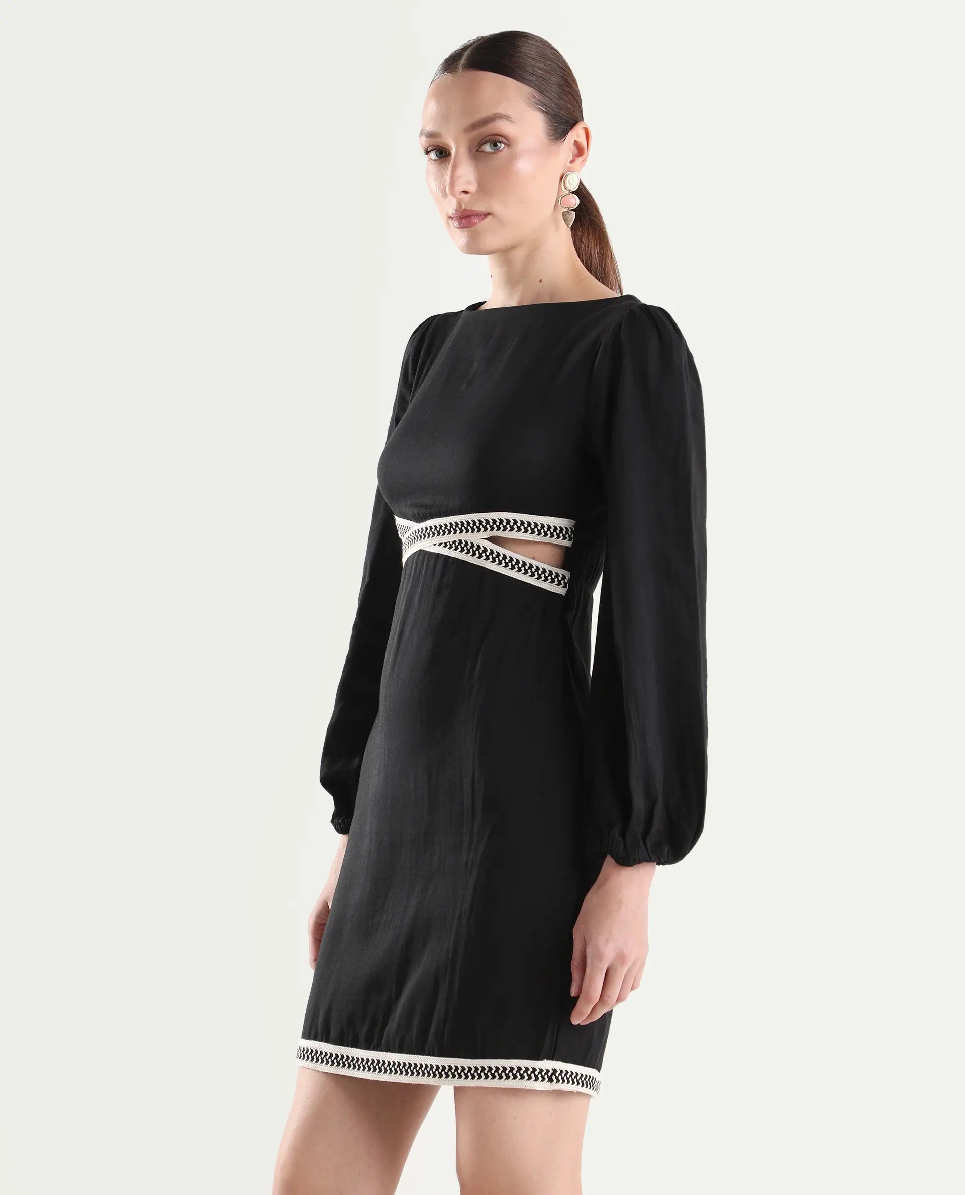 Rareism Women's Catya Black Cotton Blend Full Sleeve Bodycon Plain Dress