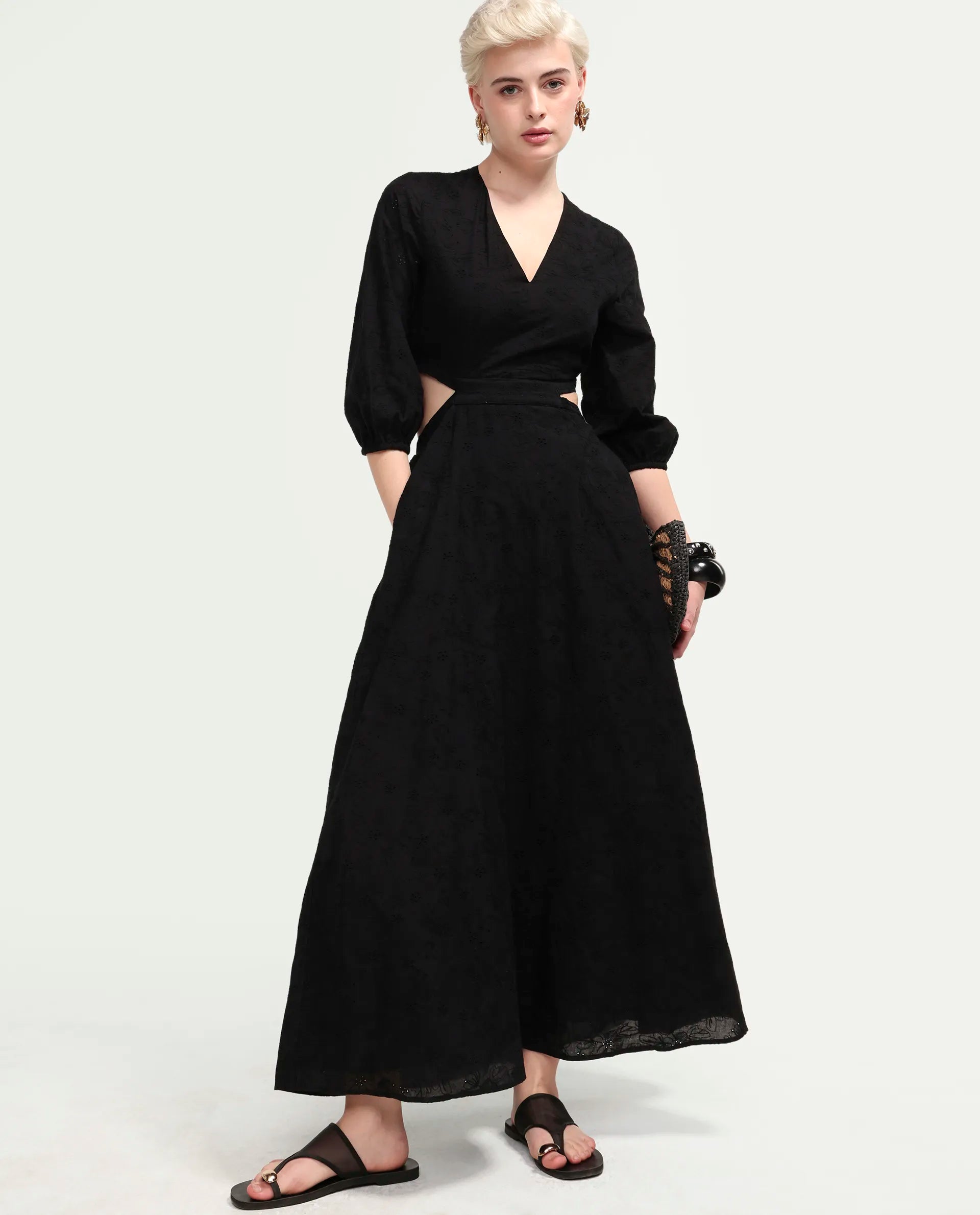 Rareism Women's Cazie Black Cotton 3/4Th Sleeve Fit And Flare Plain Dress