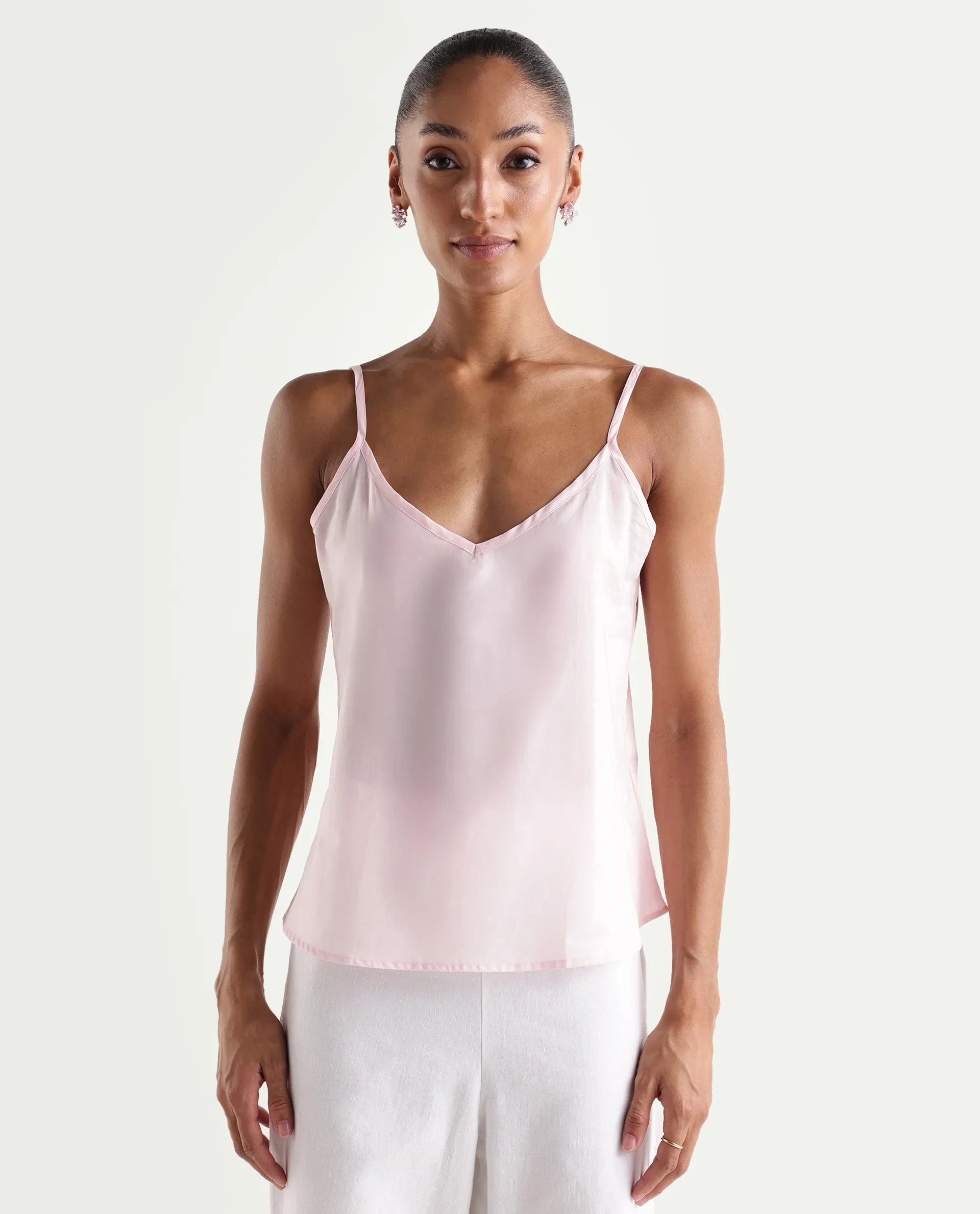 Rareism Women's Ceni Light Pink Cotton Half Sleeve Regular Fit Plain Top