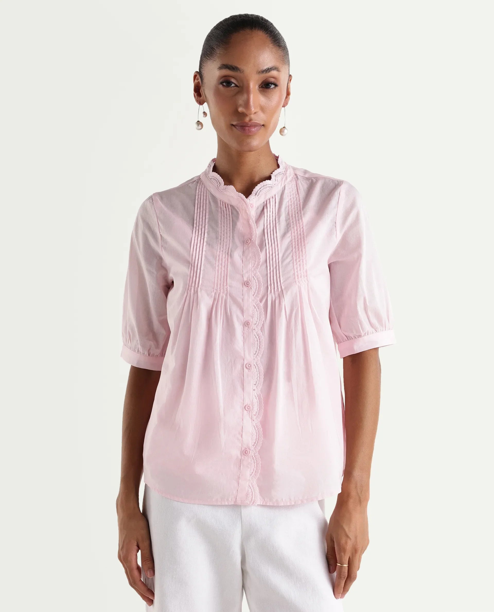 Rareism Women's Ceni Light Pink Cotton Half Sleeve Regular Fit Plain Top