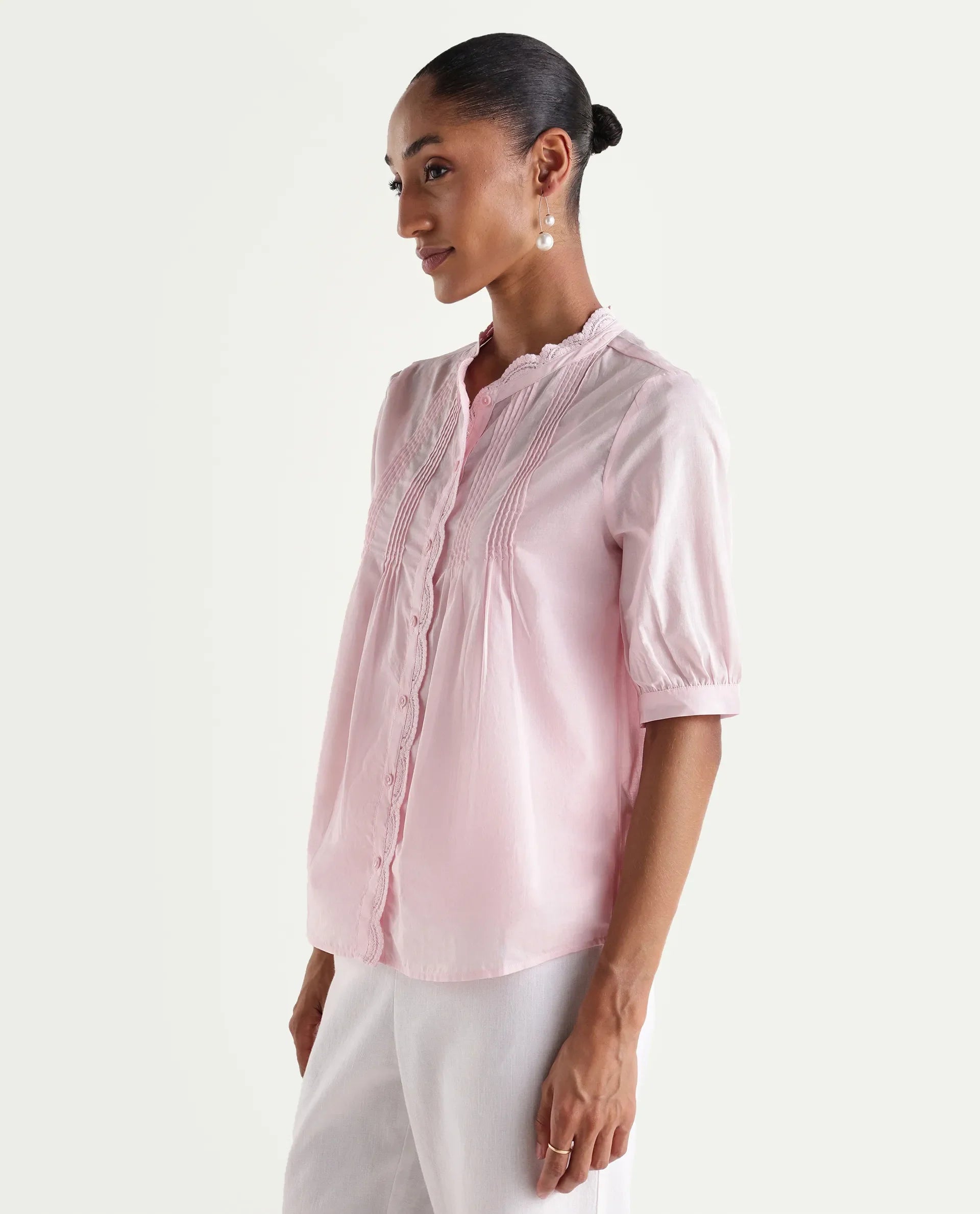 Rareism Women's Ceni Light Pink Cotton Half Sleeve Regular Fit Plain Top