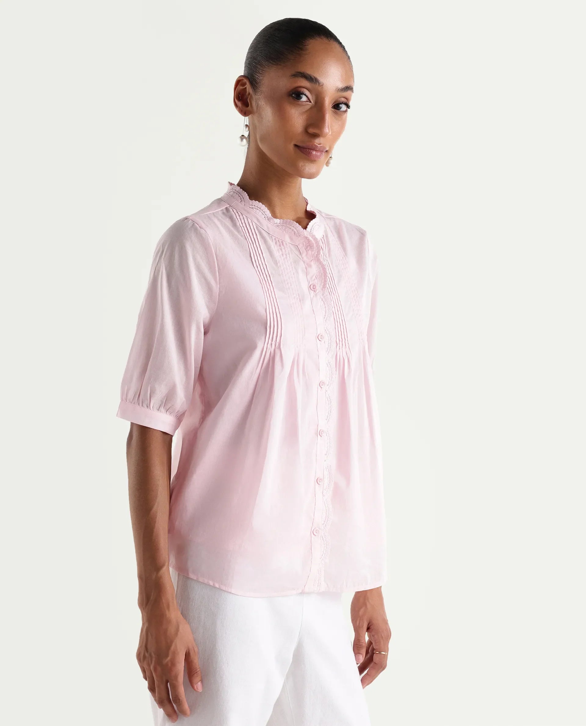 Rareism Women's Ceni Light Pink Cotton Half Sleeve Regular Fit Plain Top