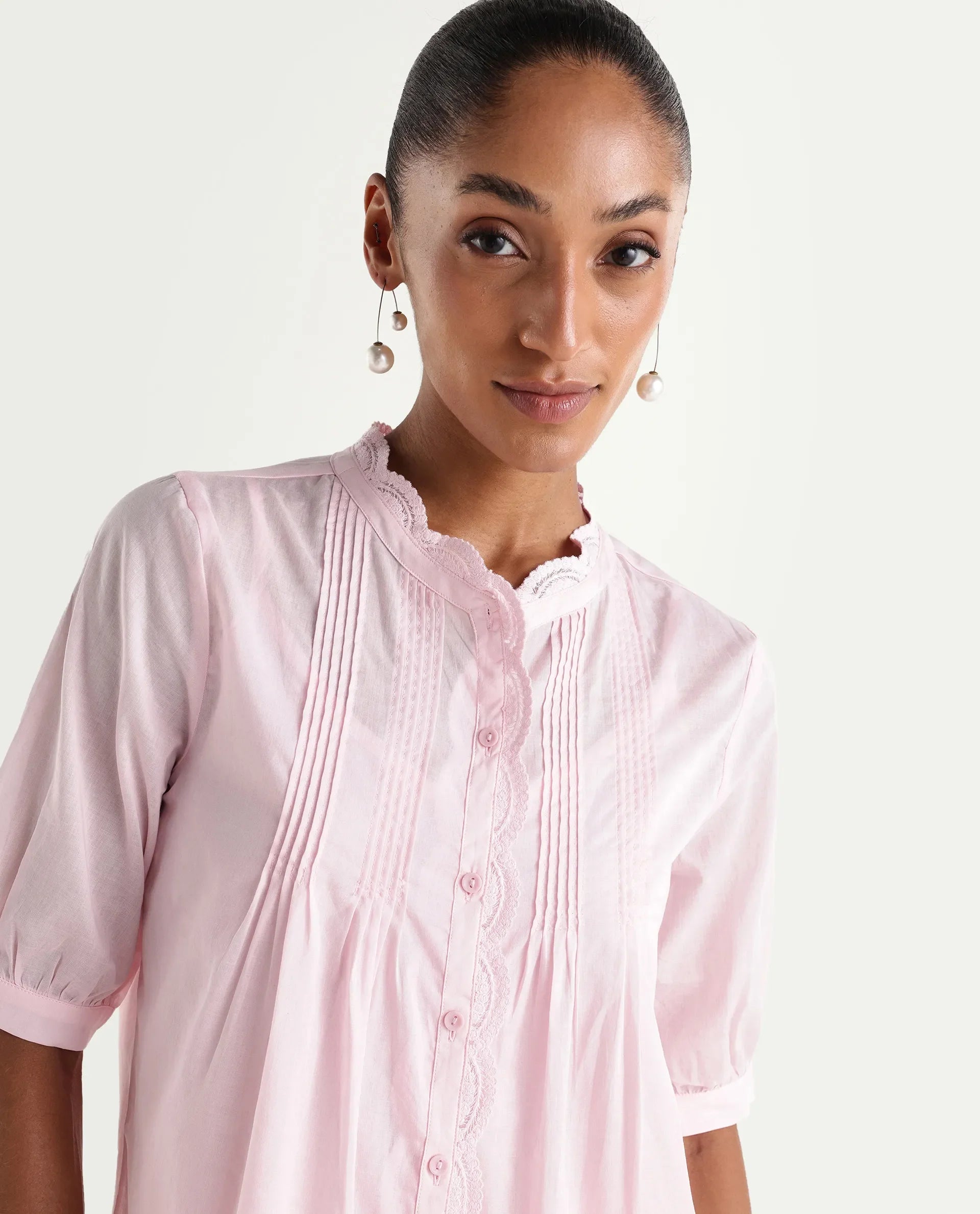 Rareism Women's Ceni Light Pink Cotton Half Sleeve Regular Fit Plain Top