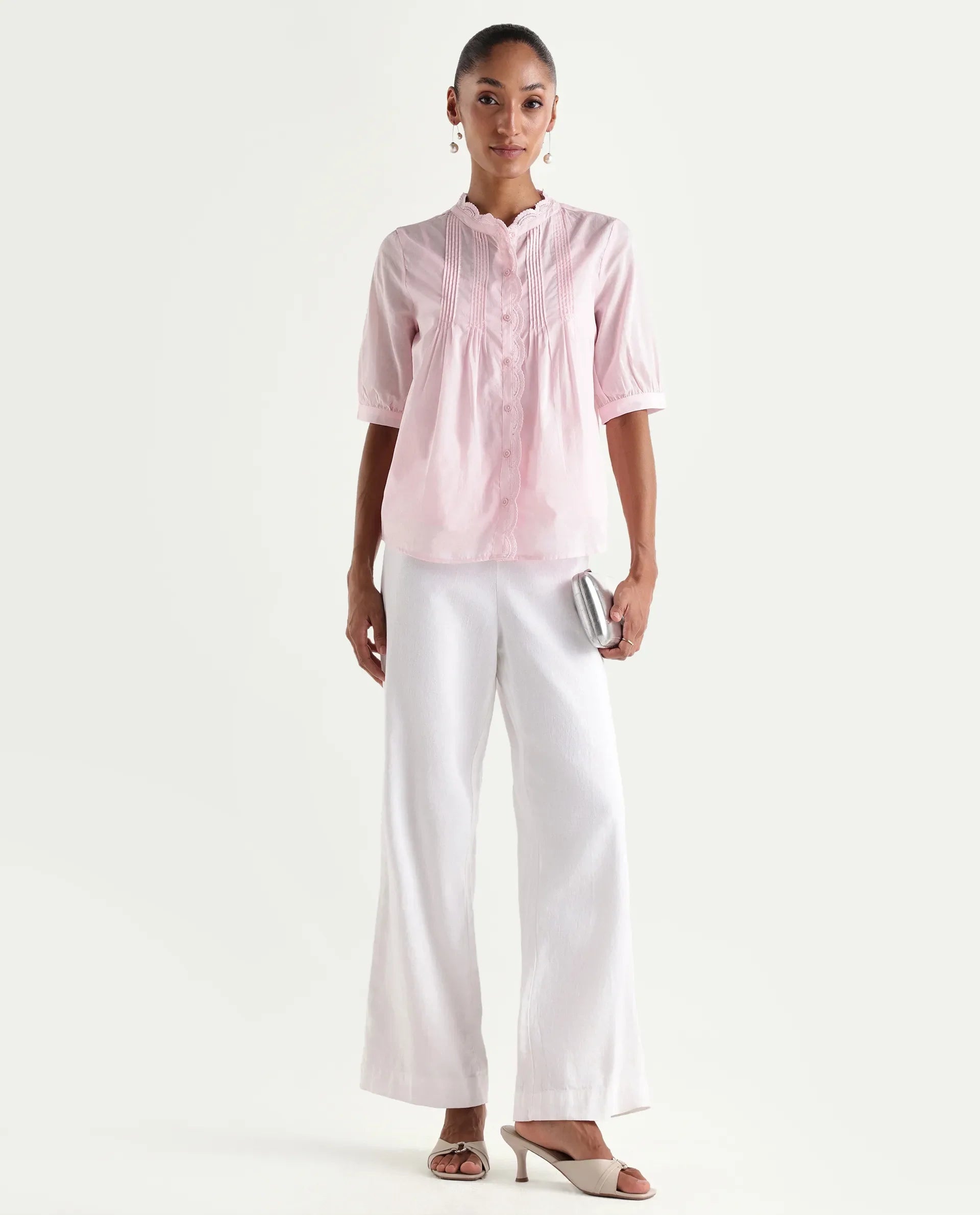 Rareism Women's Ceni Light Pink Cotton Half Sleeve Regular Fit Plain Top